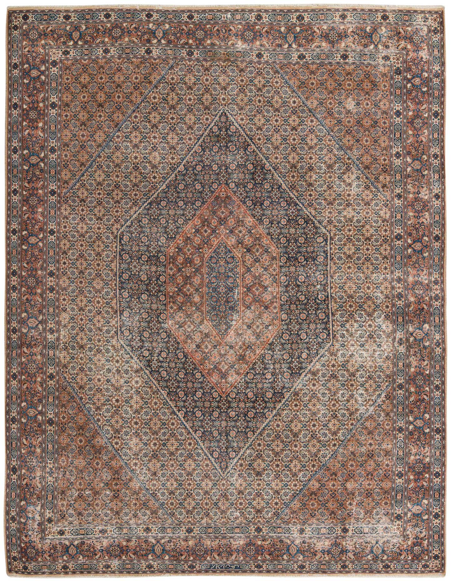 A large 8x12 rectangular Mood collection rug featuring a distressed Persian medallion pattern in shades of navy blue, rust, and beige.