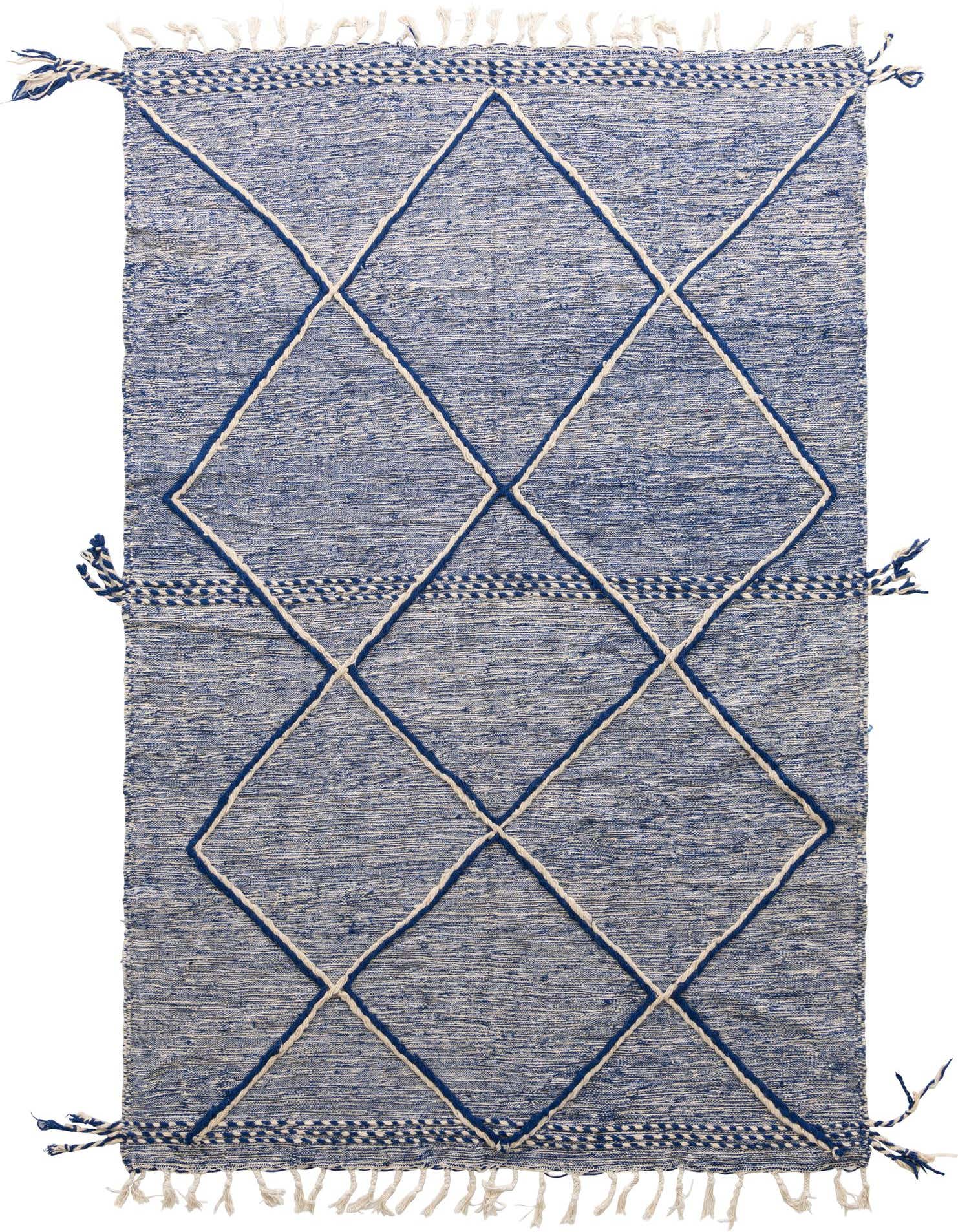 A 6x9 rectangular Moroccan shag rug in varying shades of blue, featuring a tribal diamond pattern and decorative tassels.