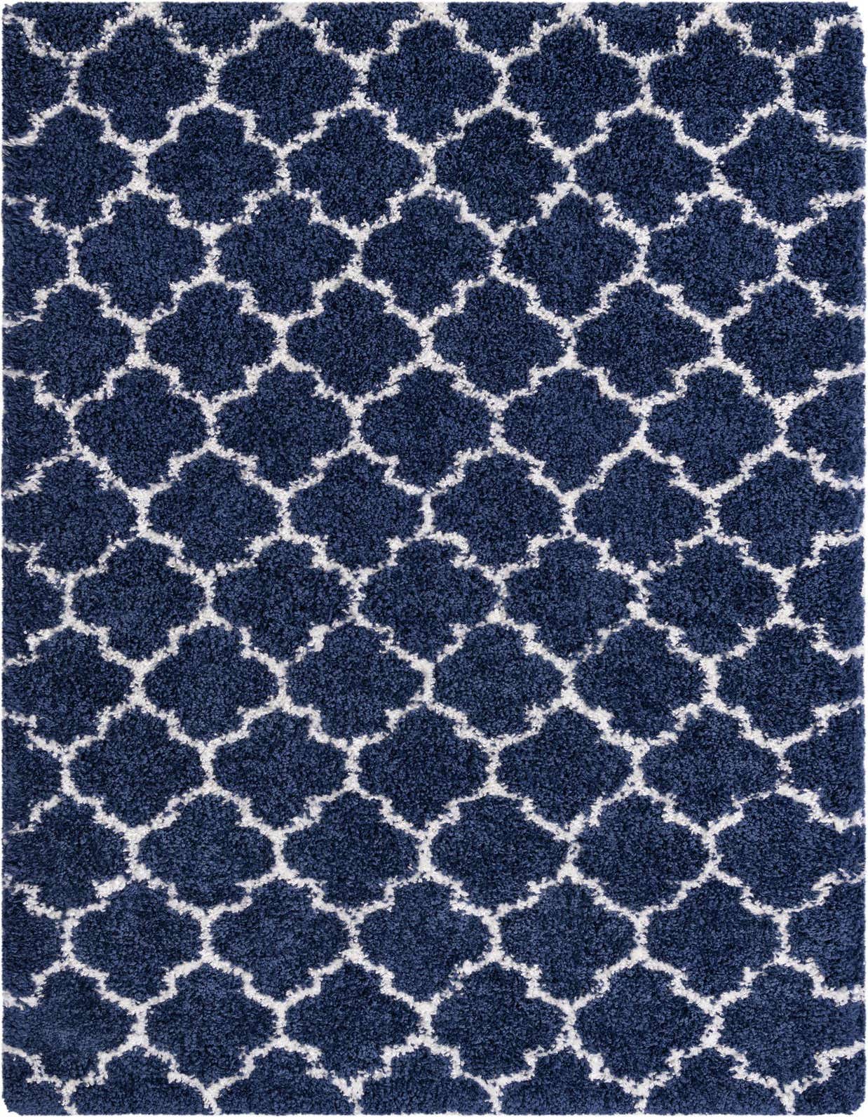 A 5x8 rectangular navy blue shag rug with a white Moroccan trellis pattern, suitable for a living room.