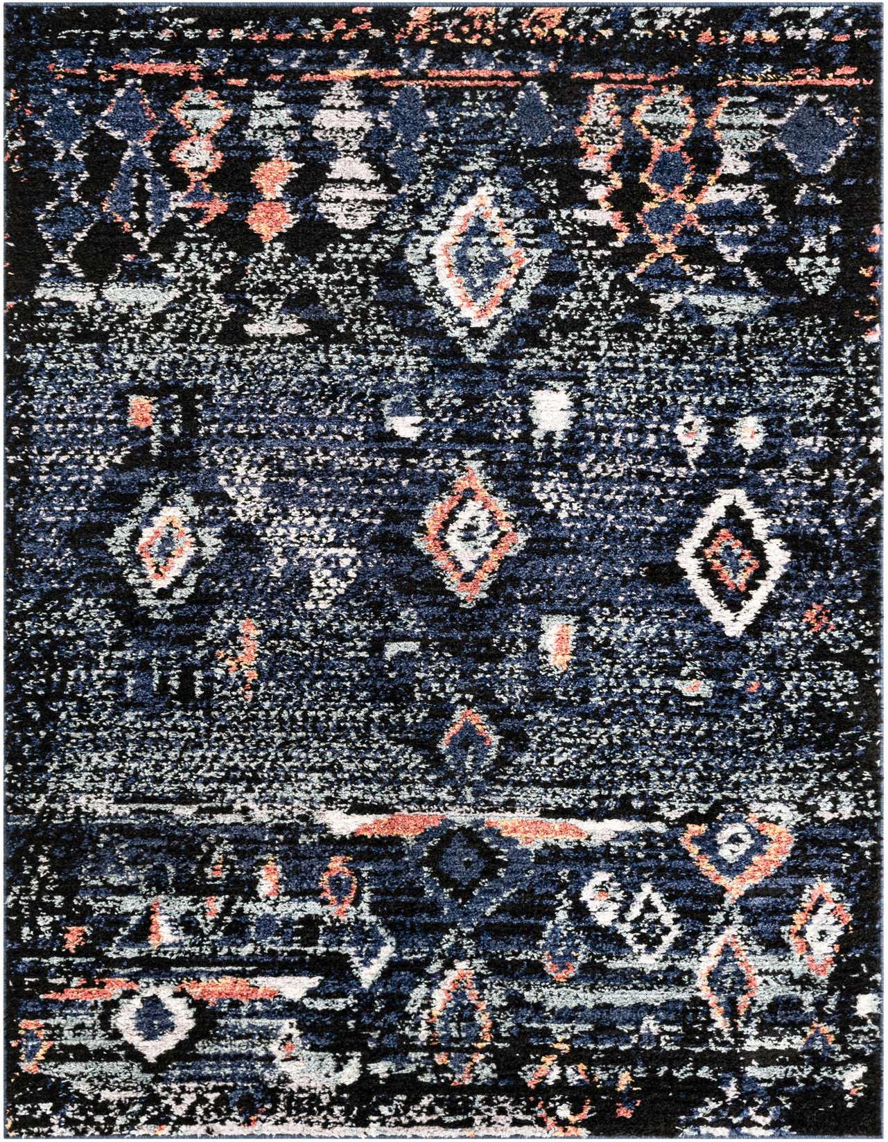 A 5x8 rectangular navy blue shag rug with a distressed bohemian tribal pattern featuring white, light blue, and coral accents.