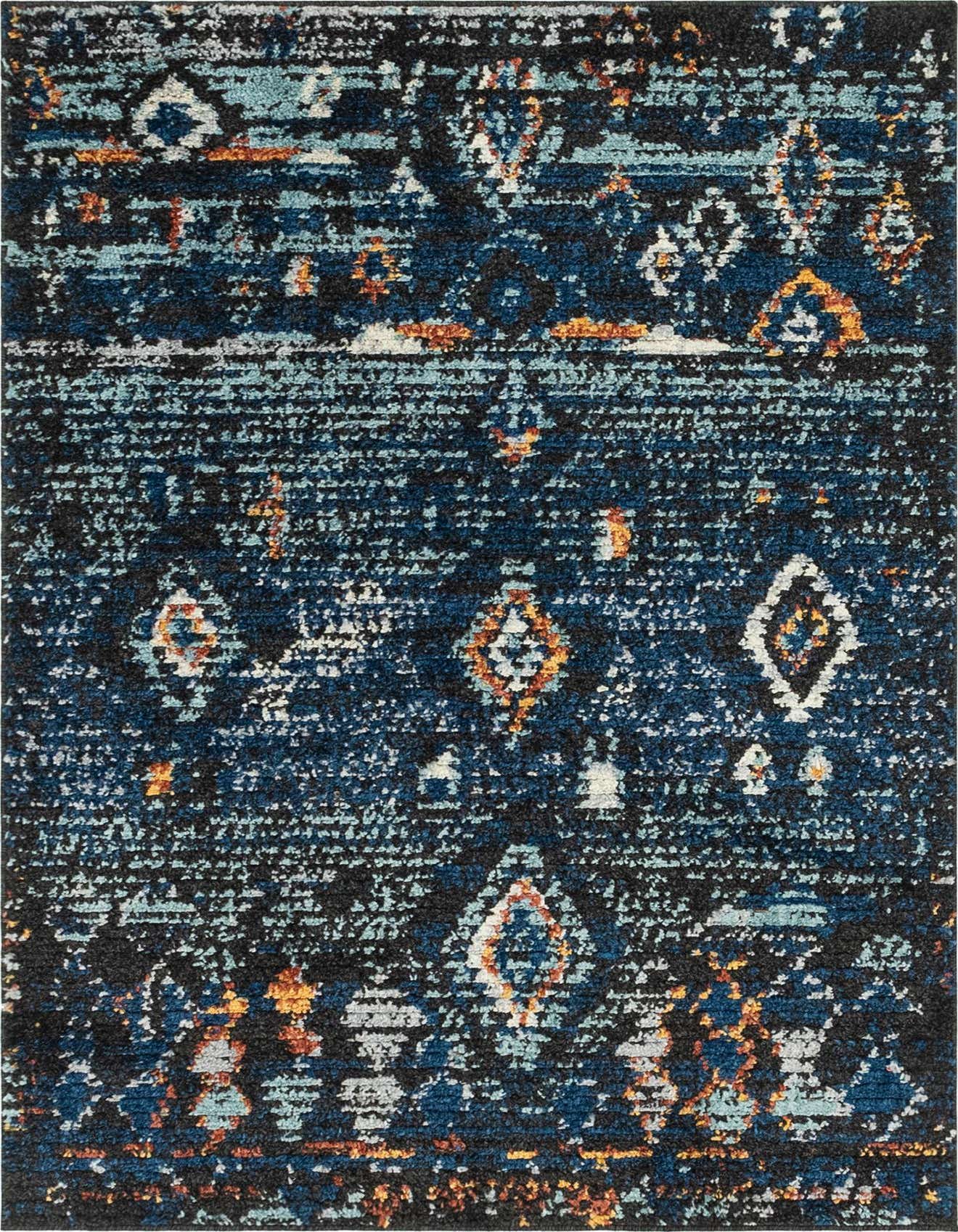A 4x6 rectangular indoor rug featuring a distressed bohemian pattern in shades of navy blue, light blue, orange, and white.