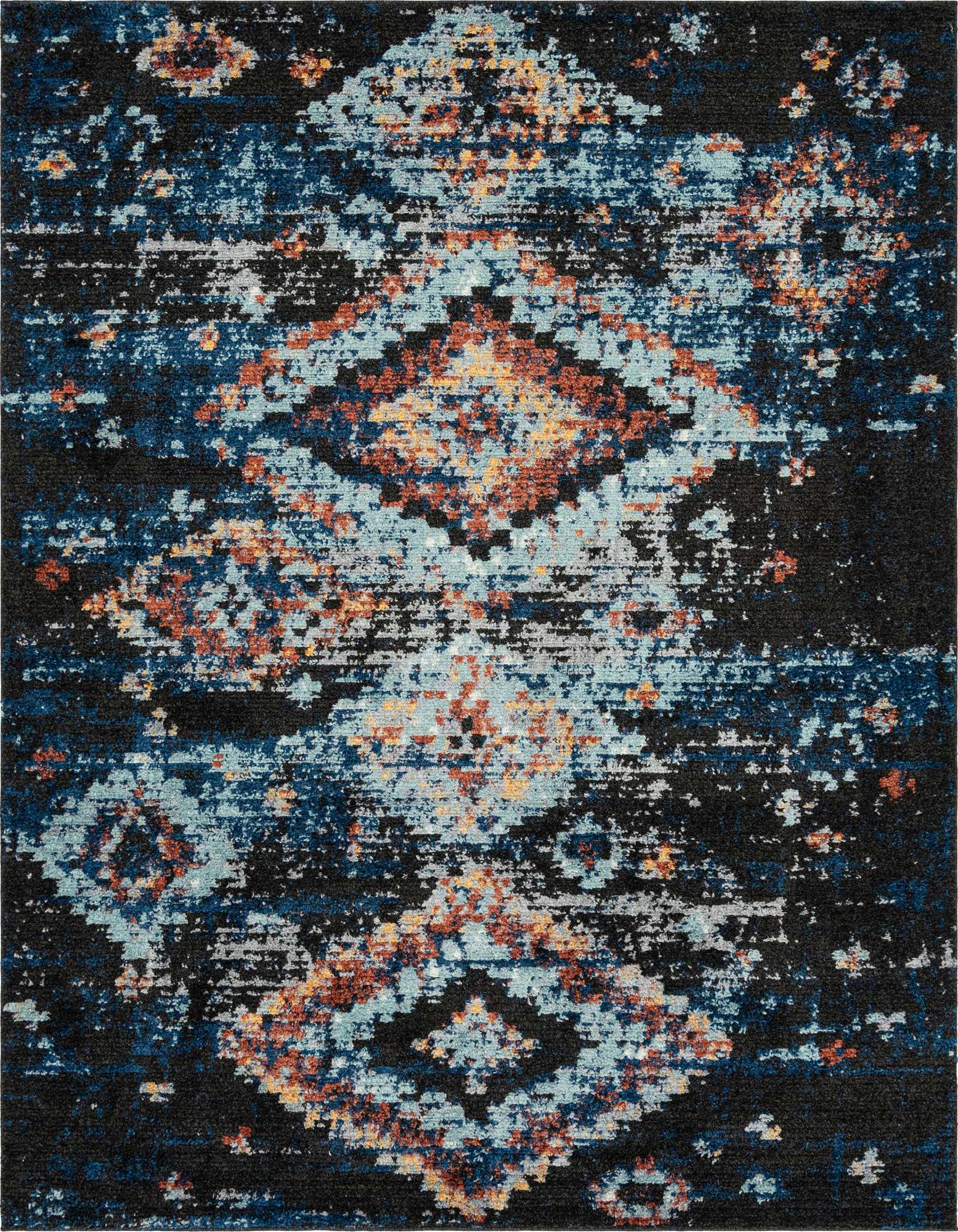 A rectangular 8x10 navy blue shag rug with a distressed Bohemian medallion pattern in light blue, orange, and grey.