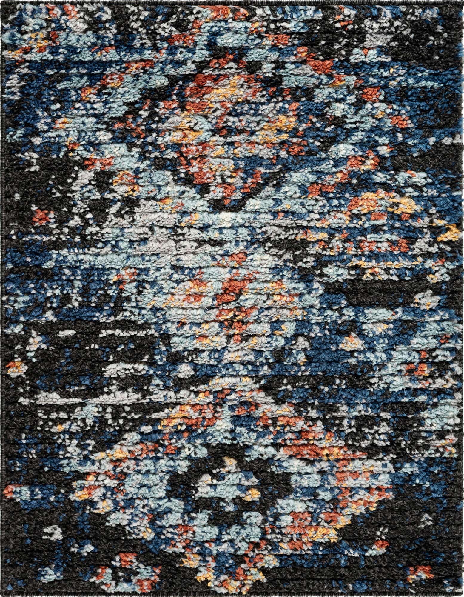 A 2x3 rectangular shag rug featuring a vibrant abstract pattern in shades of blue, orange, and black.