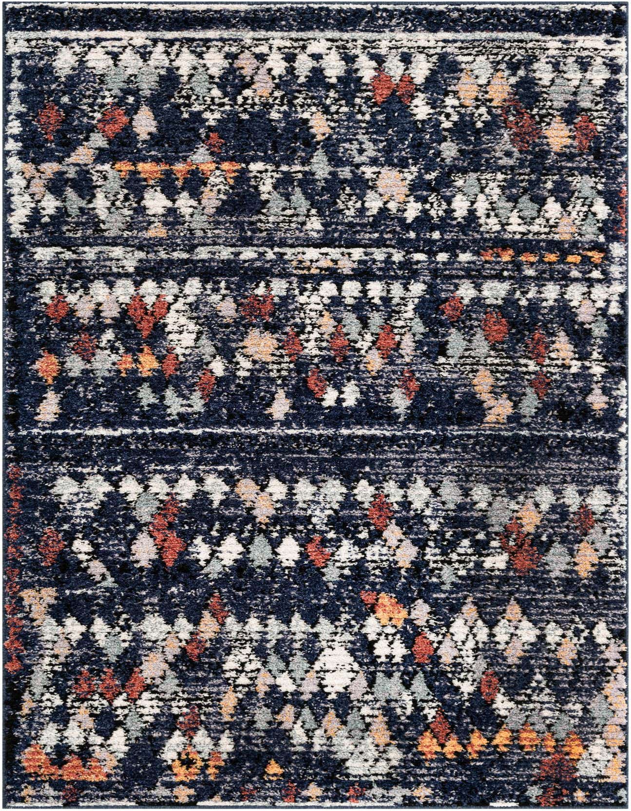 A 5x8 rectangular navy blue shag rug with a bohemian trellis pattern in white, grey, orange, and light blue.