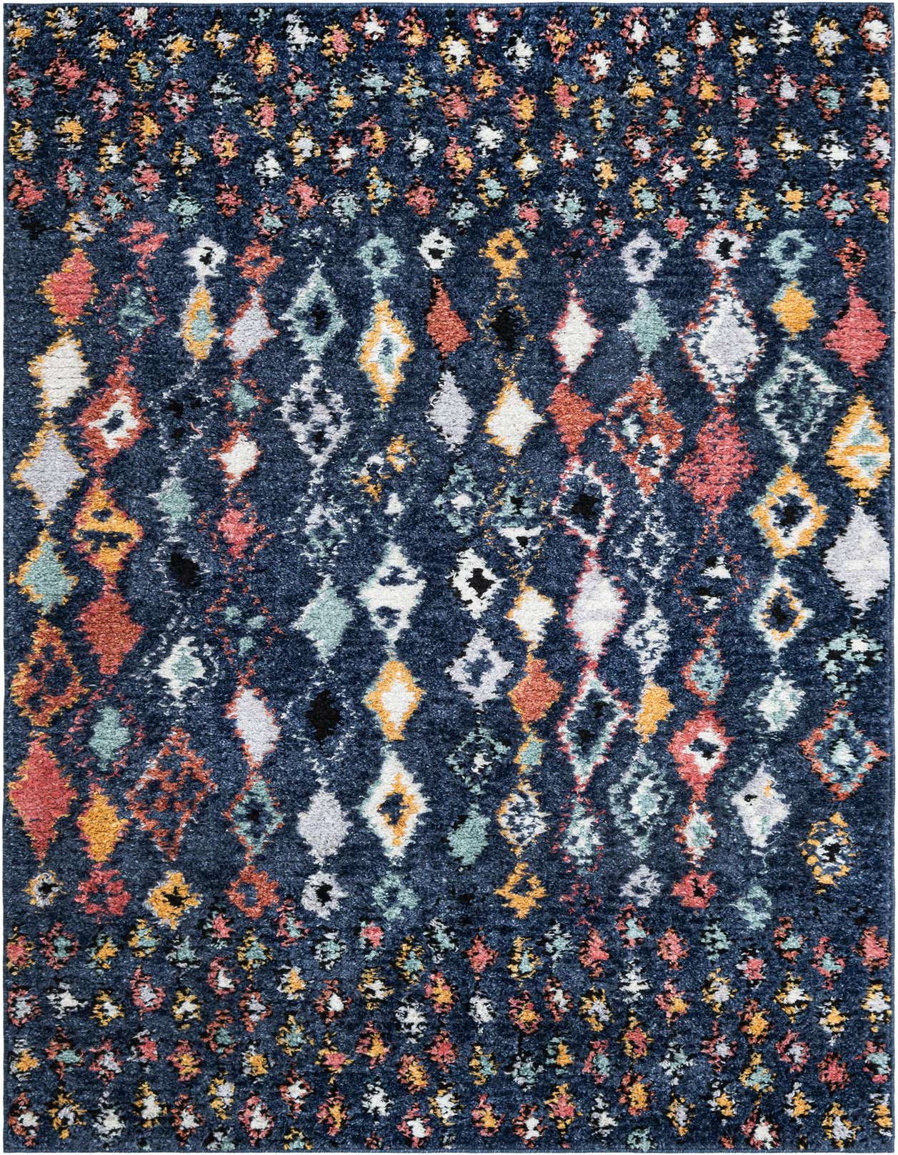 A 5x8 rectangular navy blue shag rug with a vibrant bohemian pattern of colorful diamonds and abstract shapes.