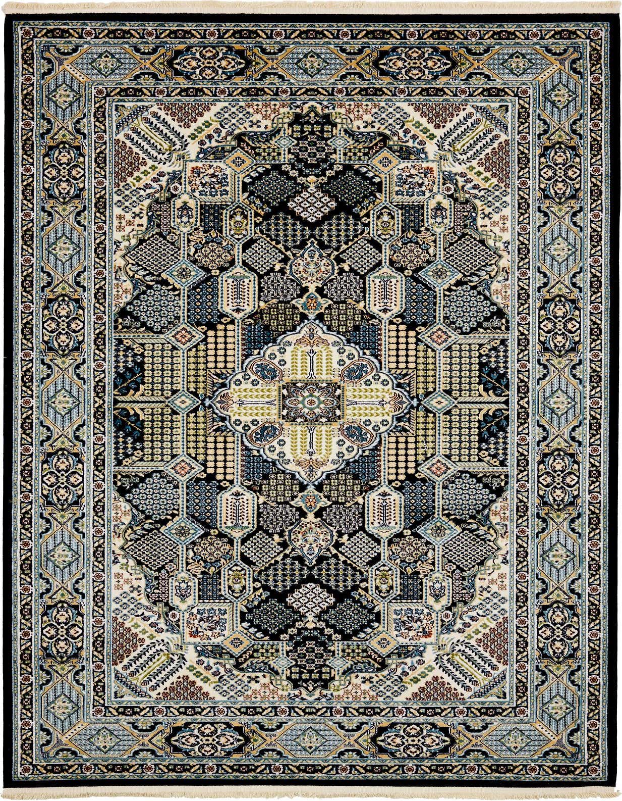 A rectangular 5x8 traditional rug with a central medallion, featuring intricate botanical patterns in blues, creams, and gold on a dark background.