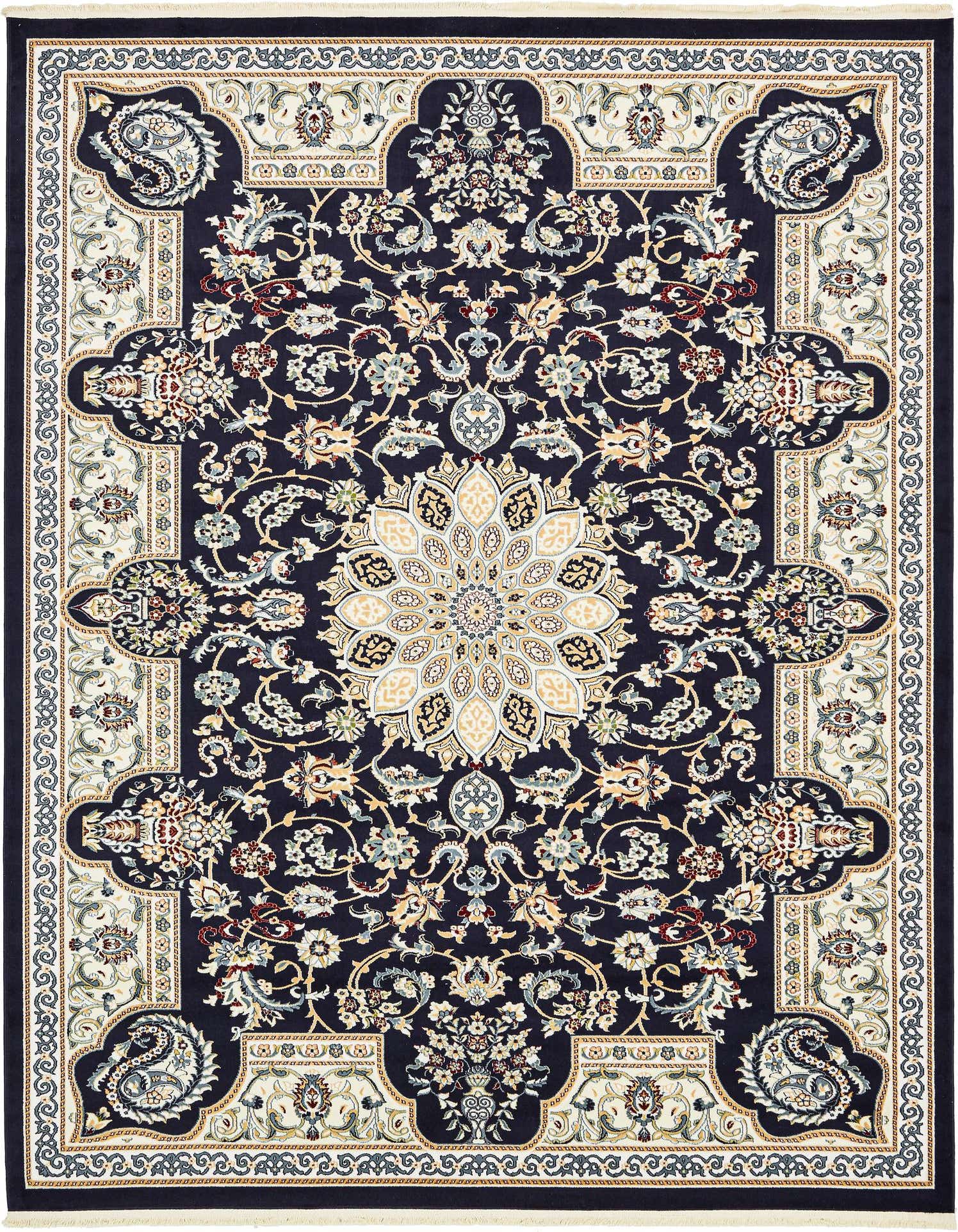 An 8x10 rectangular navy blue traditional rug with a central medallion and botanical patterns.
