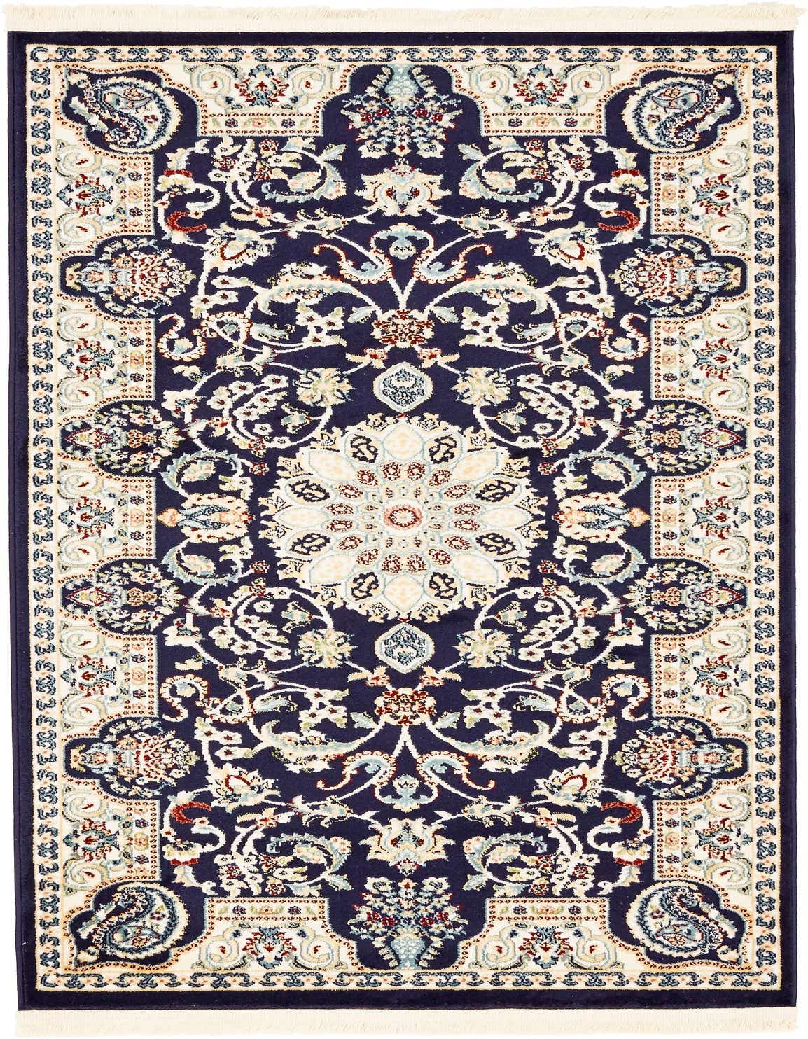 A 3x5 rectangular navy blue traditional rug with a central medallion and intricate botanical patterns in cream, light blue, and red.