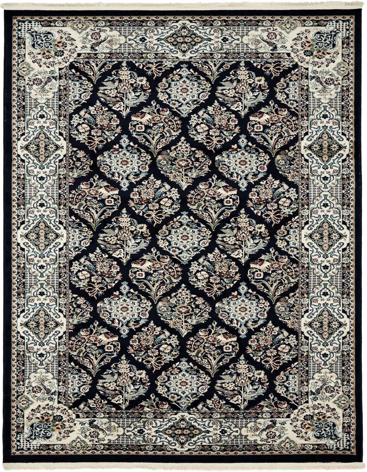 A 5x8 rectangular navy blue traditional rug with an intricate botanical and trellis pattern, featuring light blue, cream, and brown accents.