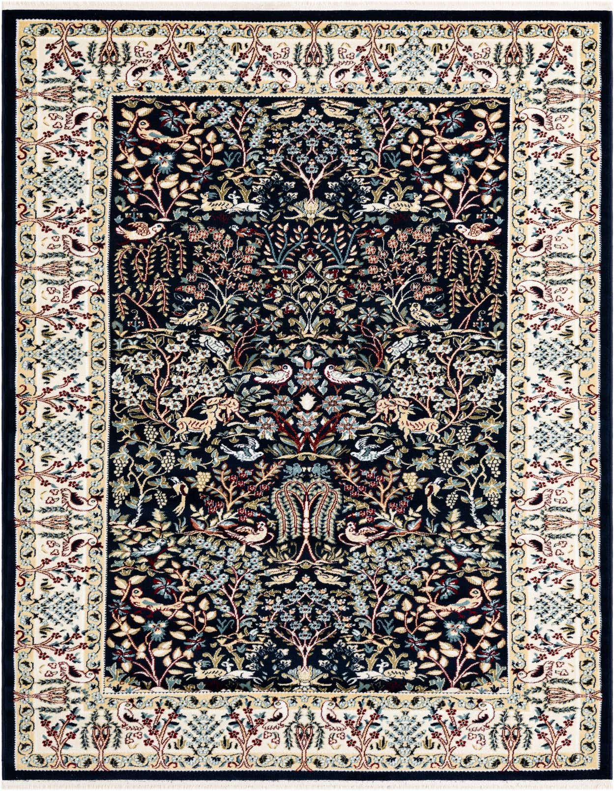 A 5x8 rectangular Nain Design rug featuring a dense botanical pattern with birds and deer on a navy blue field, framed by a cream border.