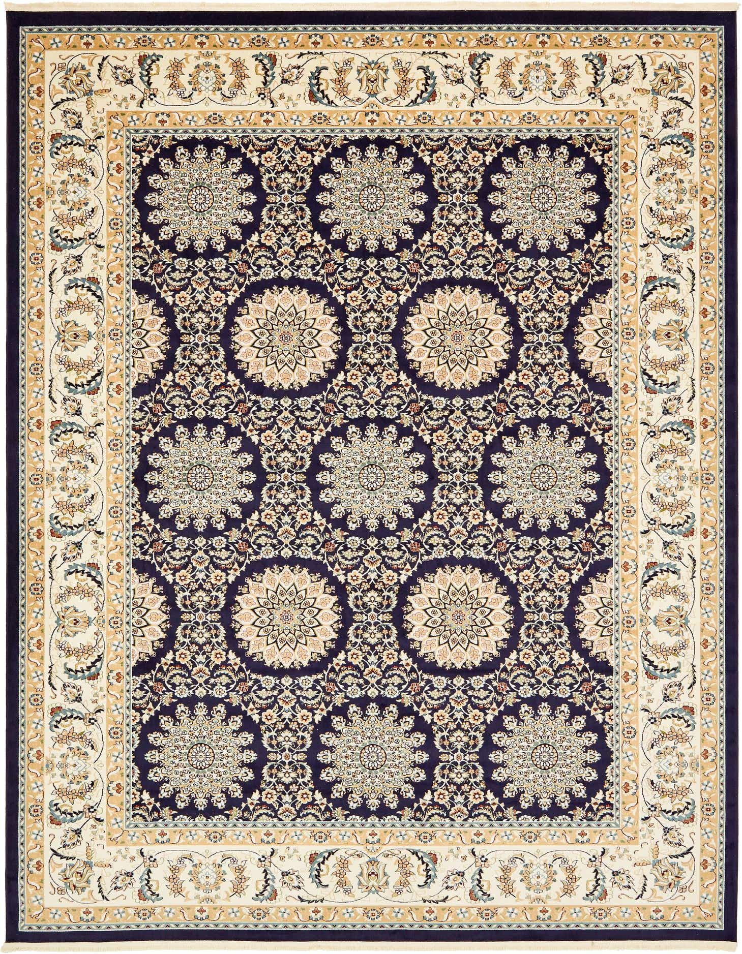 A 10x13 rectangular navy blue traditional area rug with botanical and floral patterns, featuring a high/low textured pile.