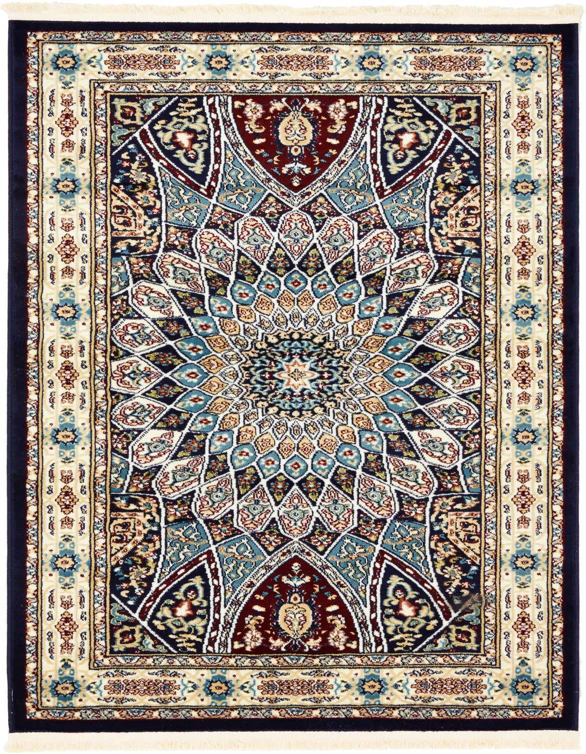 A 3x5 rectangular traditional rug with a central medallion in shades of blue, cream, and deep red, featuring botanical motifs and a high/low textured pile.