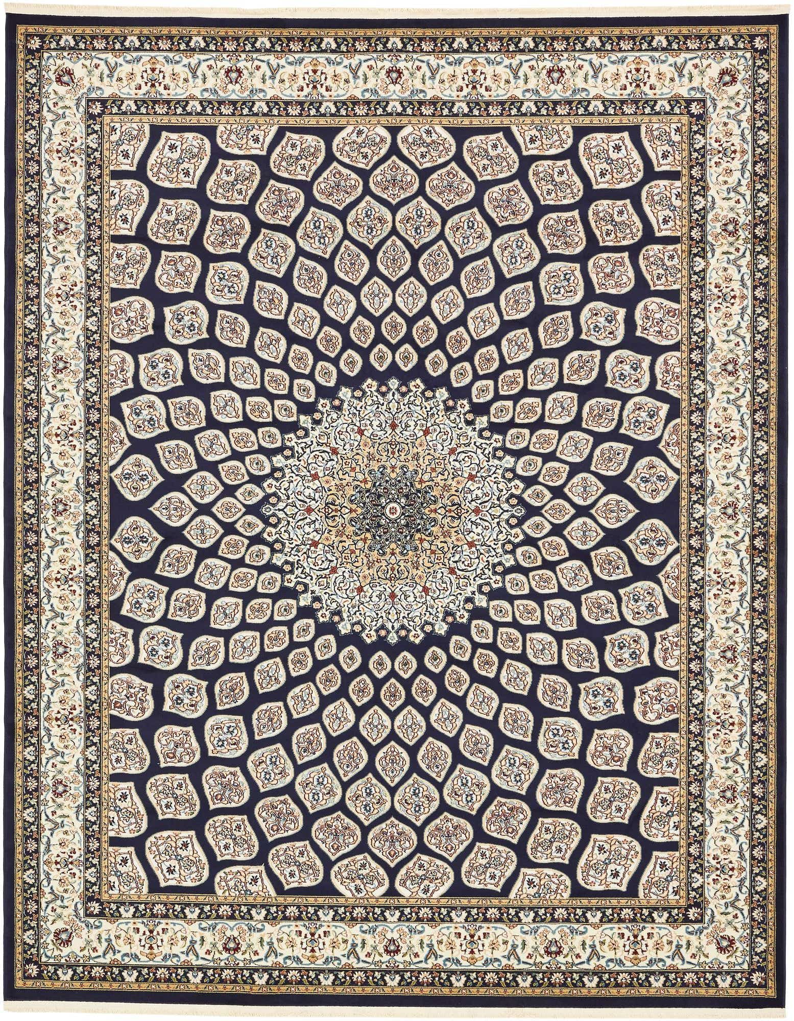 An 8x10 rectangular navy blue traditional rug featuring a central medallion and intricate botanical patterns with cream and gold accents.