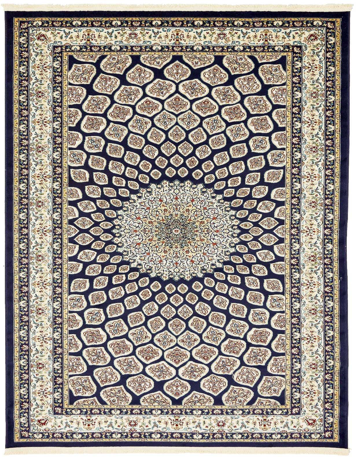 A 5x8 rectangular navy blue traditional rug with a central medallion and botanical patterns, ideal for a living room.
