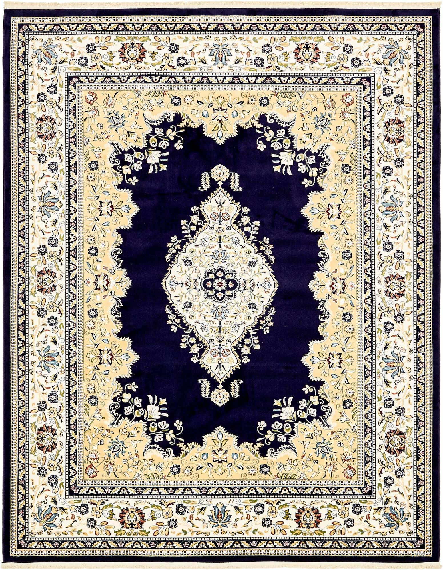 A rectangular 8x10 navy blue traditional rug with a central medallion and botanical patterns in cream and gold.