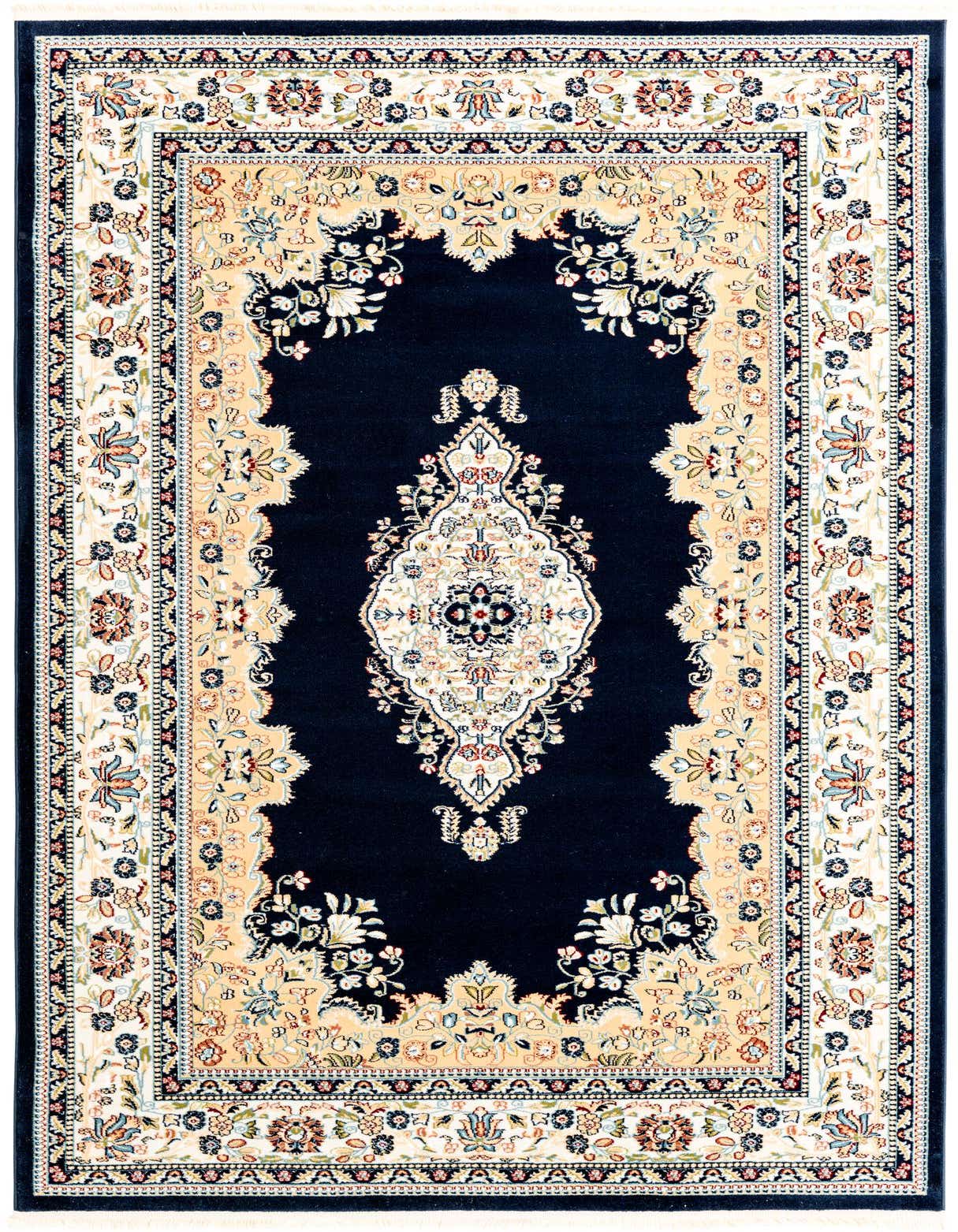 A 5x8 rectangular navy blue traditional rug with a central medallion and intricate floral border in cream, gold, and multi-colors.