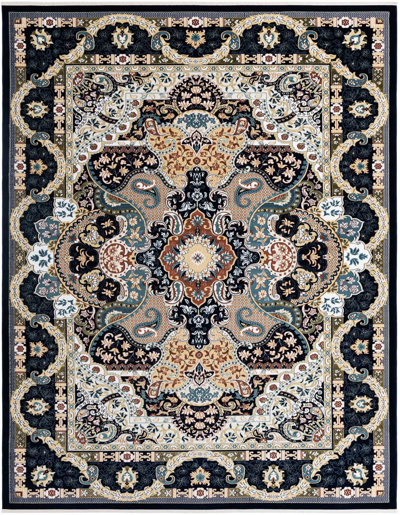 A large 10x14 rectangular area rug featuring a complex traditional Persian-inspired pattern in shades of navy blue, gold, and cream.