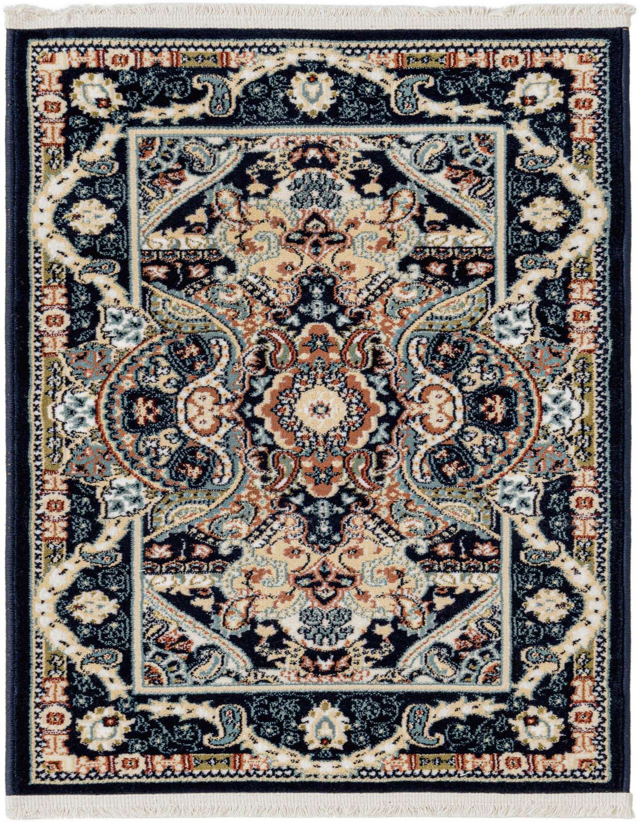 A 2x3 rectangular rug with a traditional Persian-inspired pattern in shades of navy blue, beige, and terracotta, featuring a central medallion and ornate border.