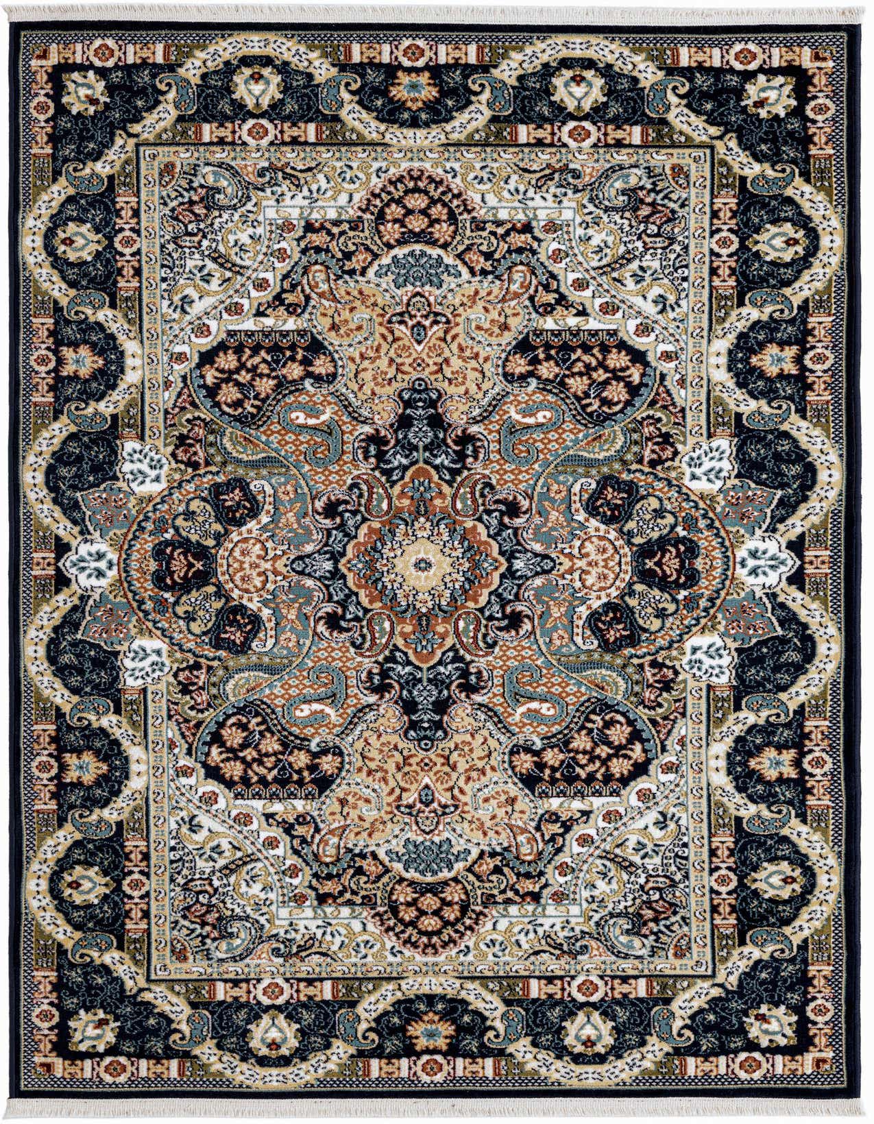 A 4x6 rectangular indoor rug with a traditional Persian-inspired pattern in navy blue, beige, and white.