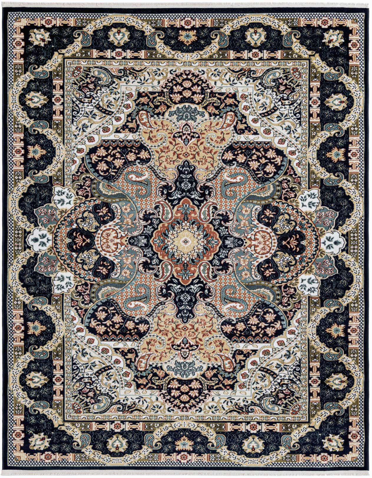 A 7x10 rectangular traditional oriental rug featuring a central medallion in blues, gold, and ivory, with intricate floral and paisley patterns.