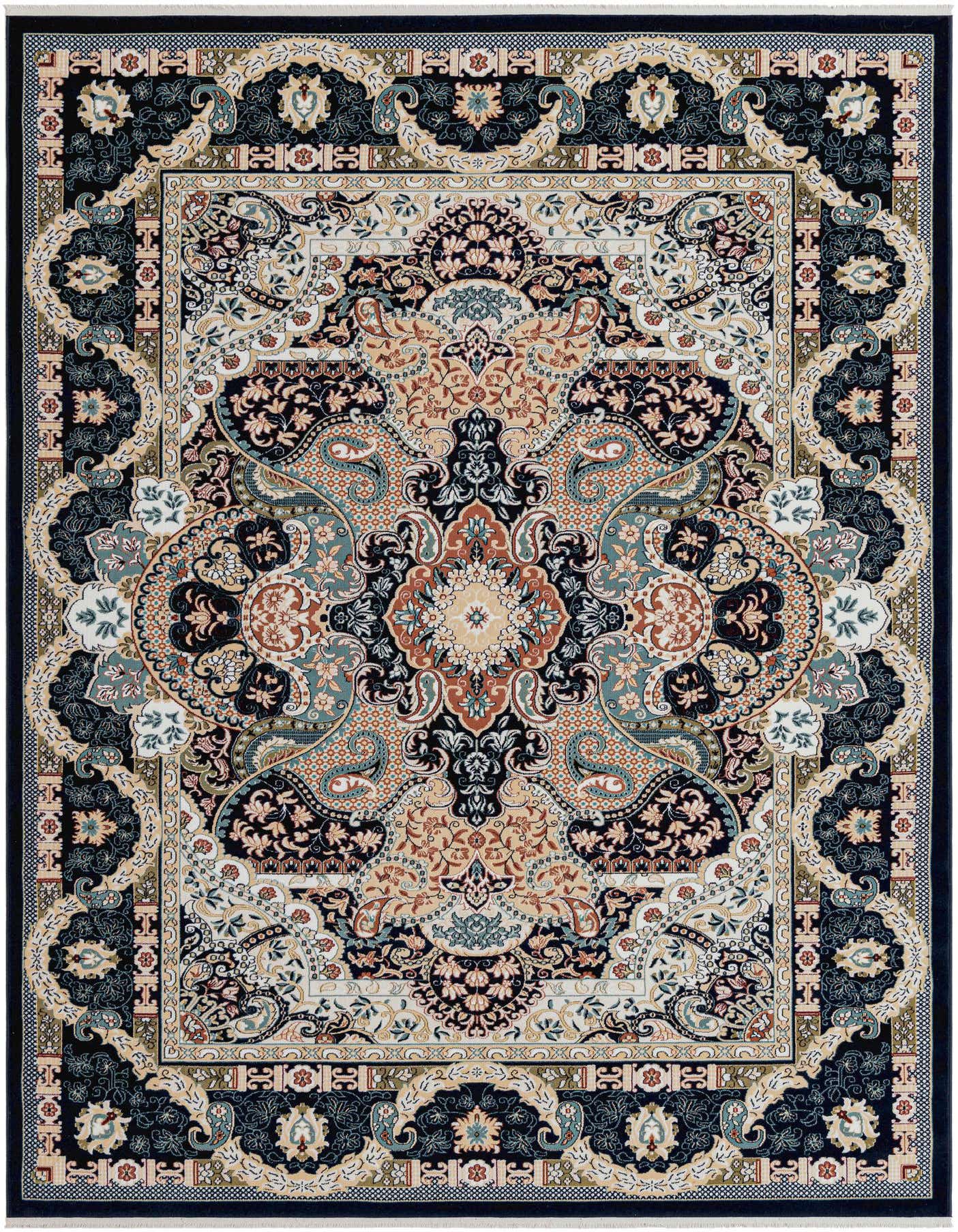An 8x11 rectangular rug featuring a detailed traditional medallion and border pattern in shades of navy blue, beige, and rust.