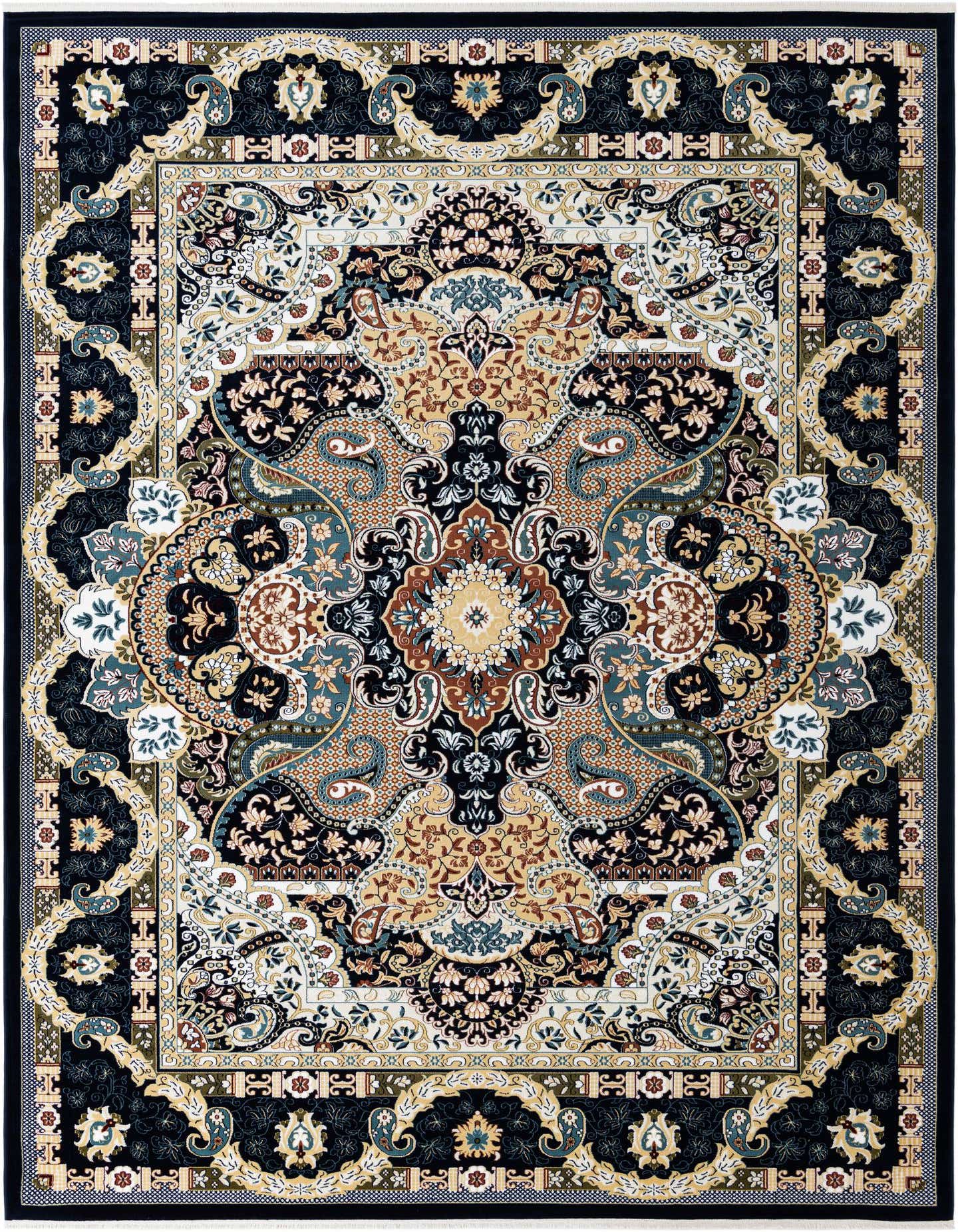 A large 9x12 rectangular rug featuring an intricate traditional Persian-style pattern with a dominant navy blue background, accented by gold, cream, and teal floral and medallion motifs.