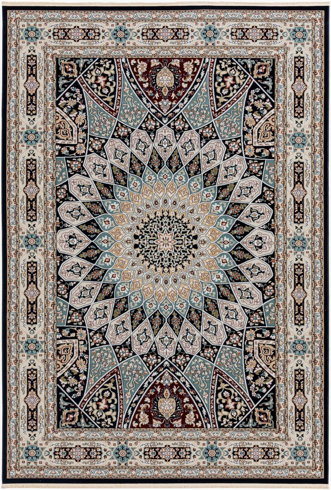 A 7x10 rectangular traditional medallion rug in shades of navy blue, cream, and gold with intricate floral patterns.