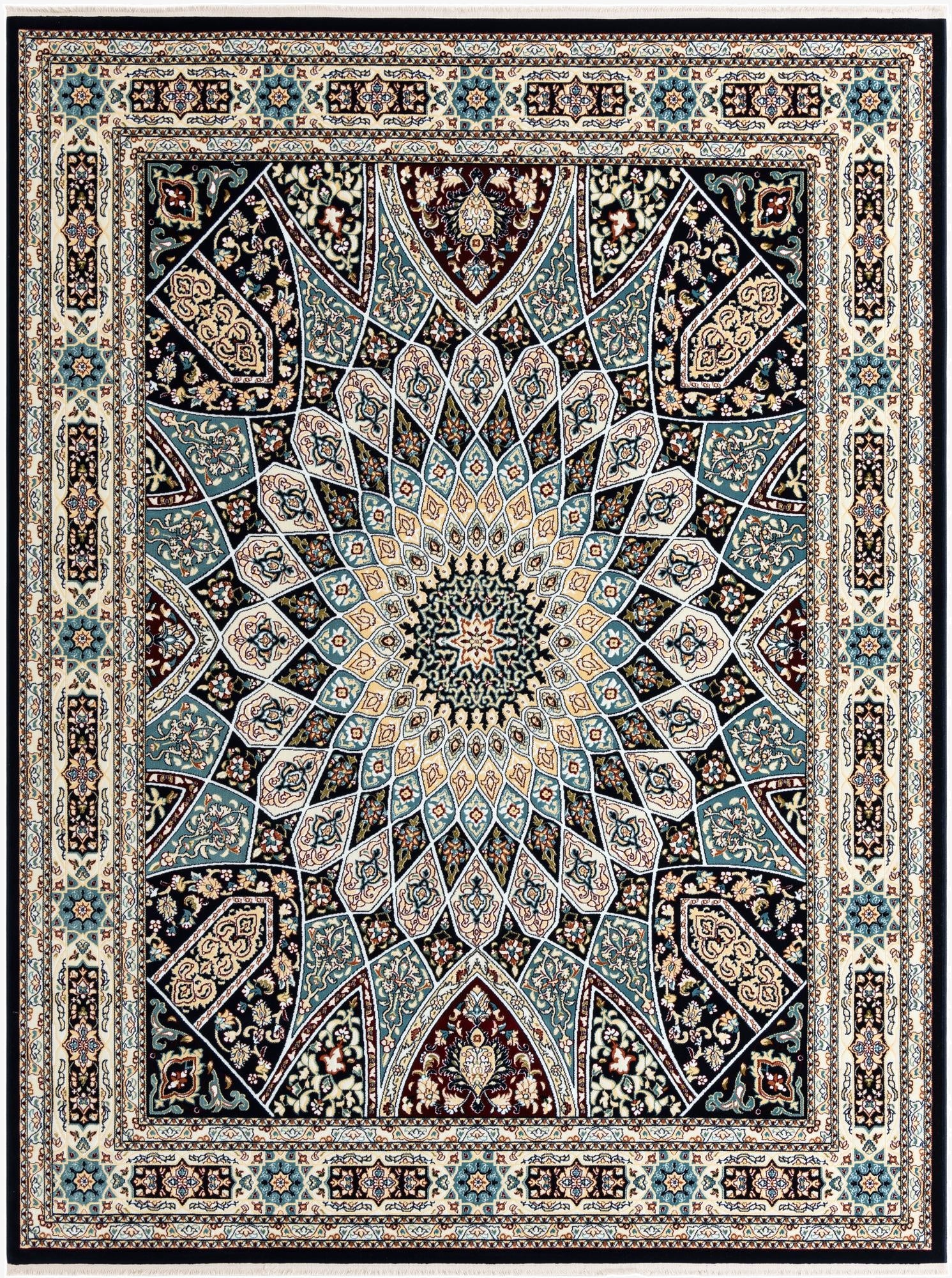 An 8x10 rectangular traditional rug with a central medallion in blues, creams, and black, featuring botanical patterns.