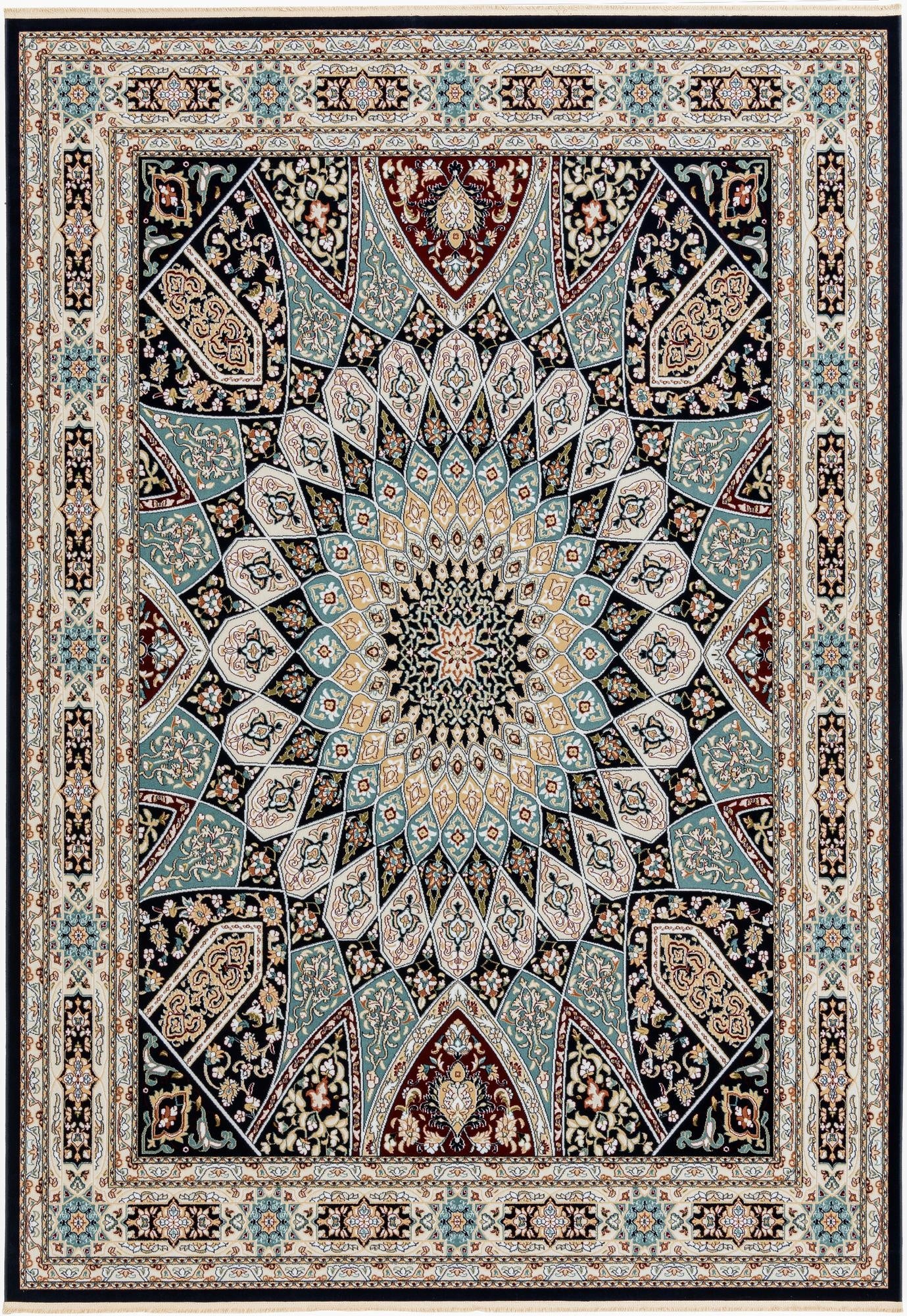 A rectangular 8x11 traditional Nain Design rug featuring a central medallion in blues, gold, and cream on a dark navy background with intricate floral patterns and a detailed border.