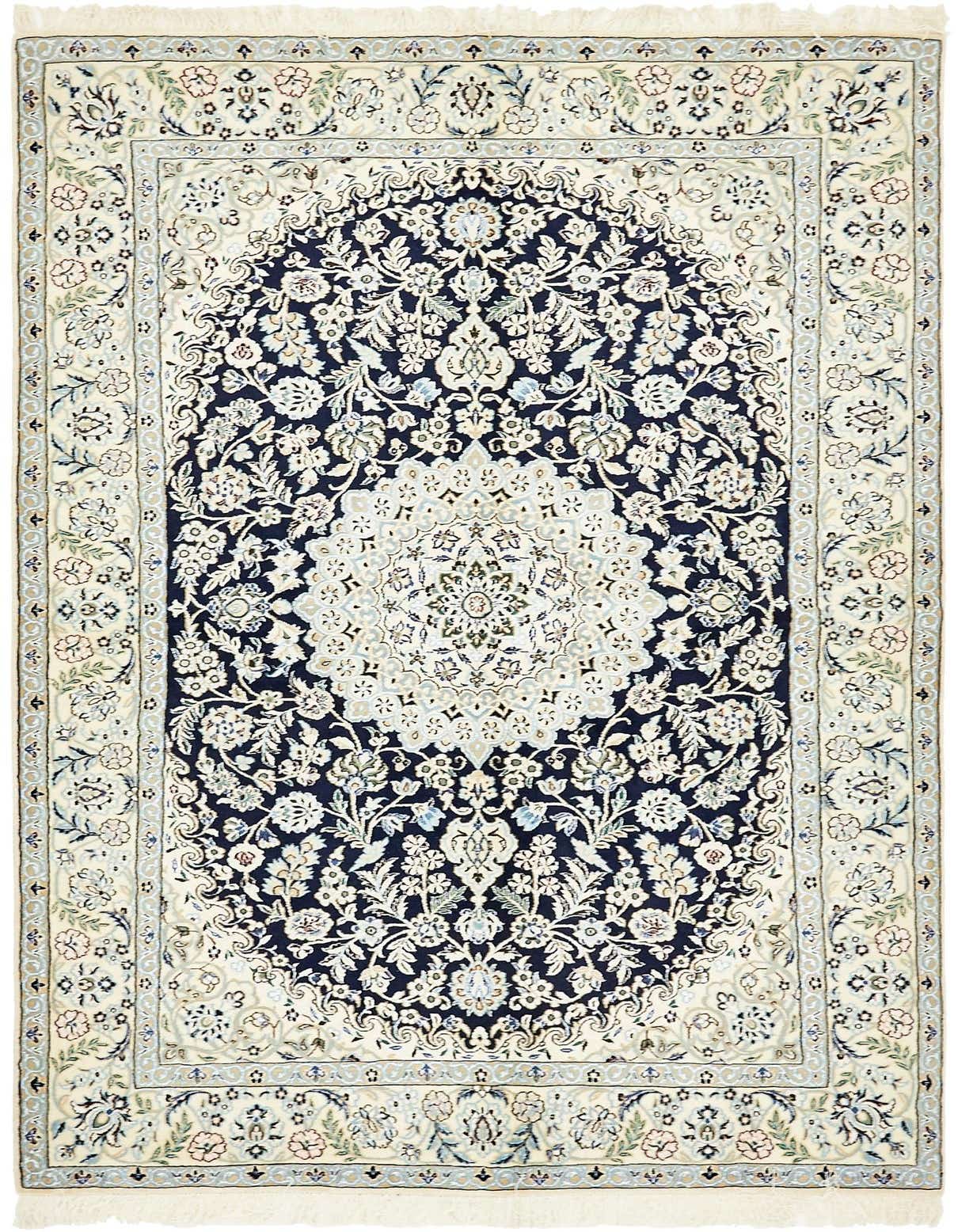 A 5x8 rectangular Persian rug with a navy blue medallion center and intricate floral patterns on a cream border.