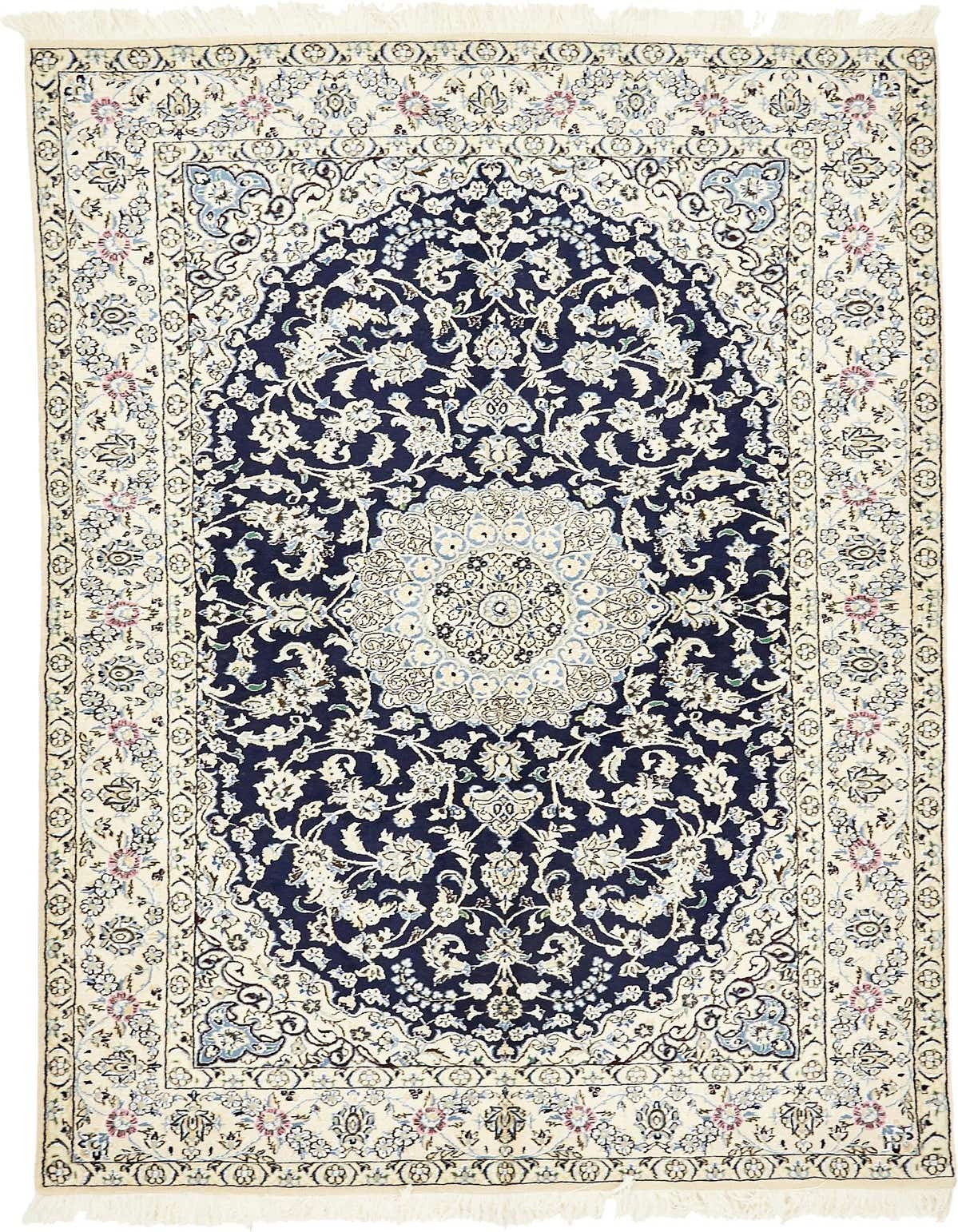 A 5x8 rectangular Persian rug with a navy blue medallion center and an ivory border, featuring intricate floral patterns.