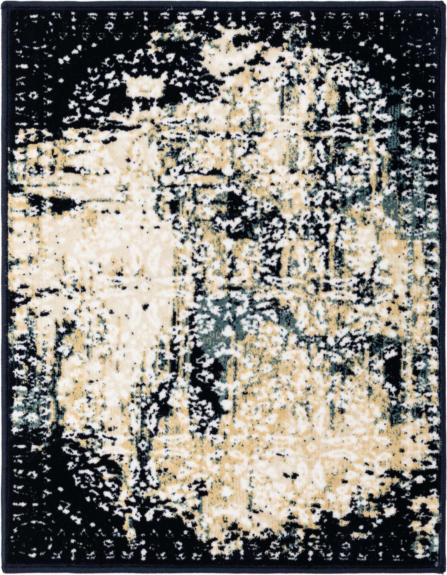 A 2x3 rectangular modern abstract rug with a distressed pattern in navy blue, cream, and hints of light blue.