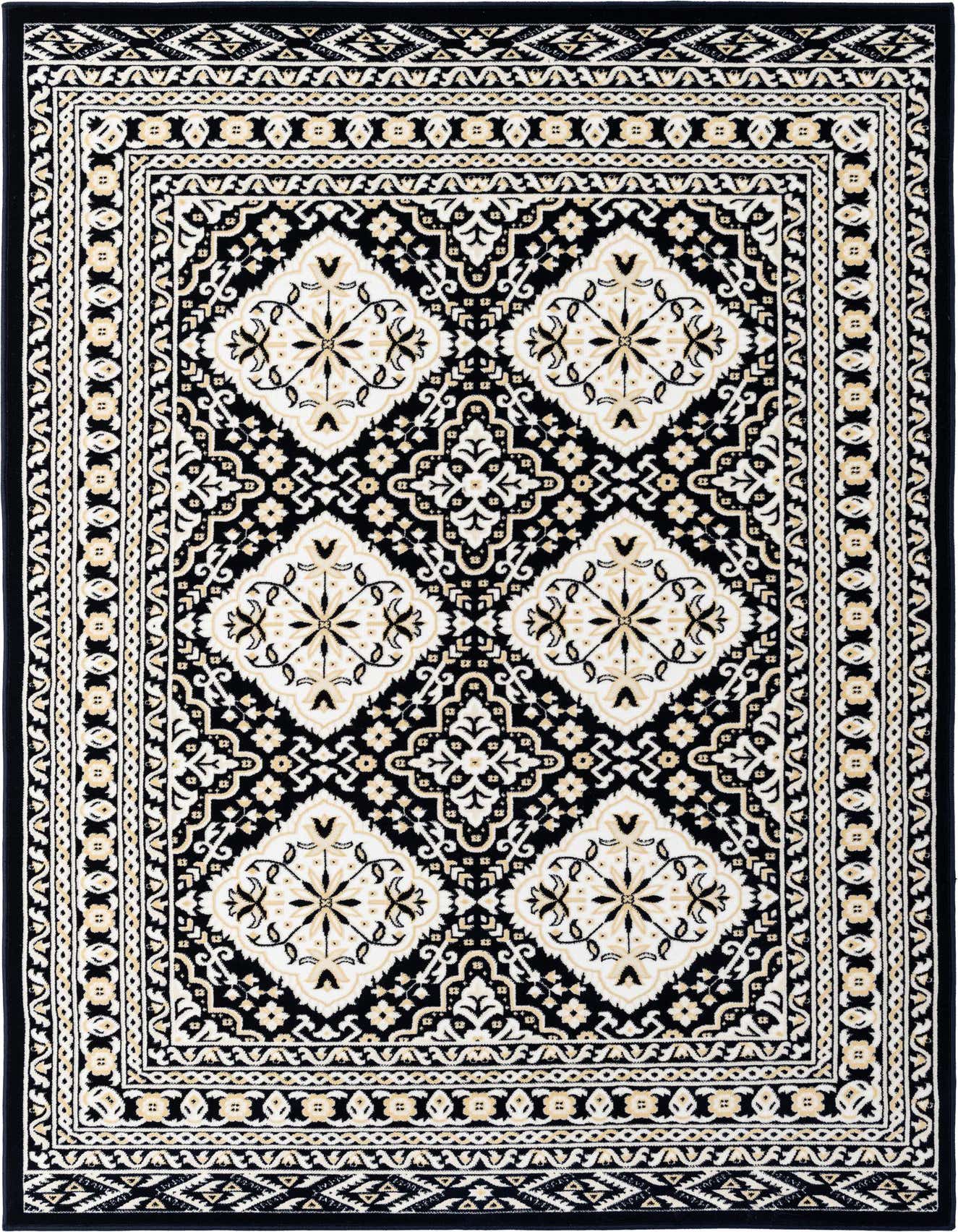 A rectangular 5x8 Nain collection rug featuring a traditional Oriental pattern in navy blue, cream, and gold tones.
