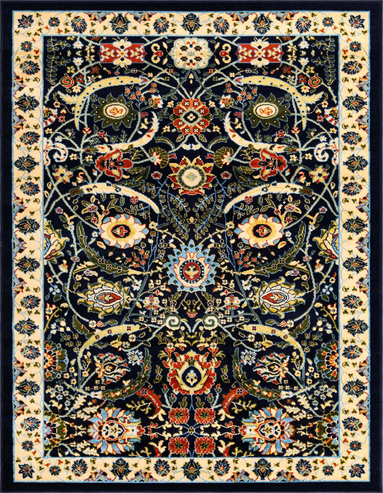 A 5x8 rectangular Neda rug featuring a traditional botanical pattern in navy blue, cream, red, and gold, ideal for a living room.