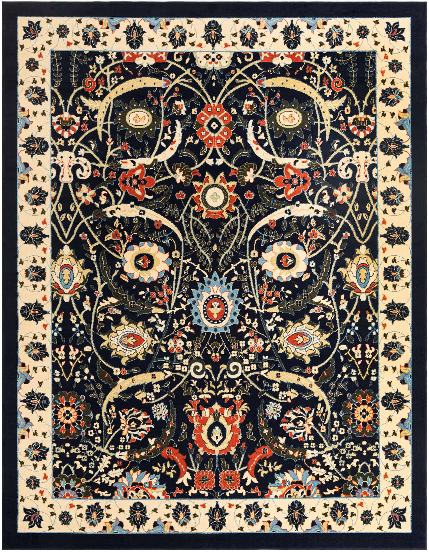A 9x12 rectangular Neda rug featuring a dense traditional botanical pattern with red, cream, and light blue floral motifs on a deep navy blue background, framed by a cream border.