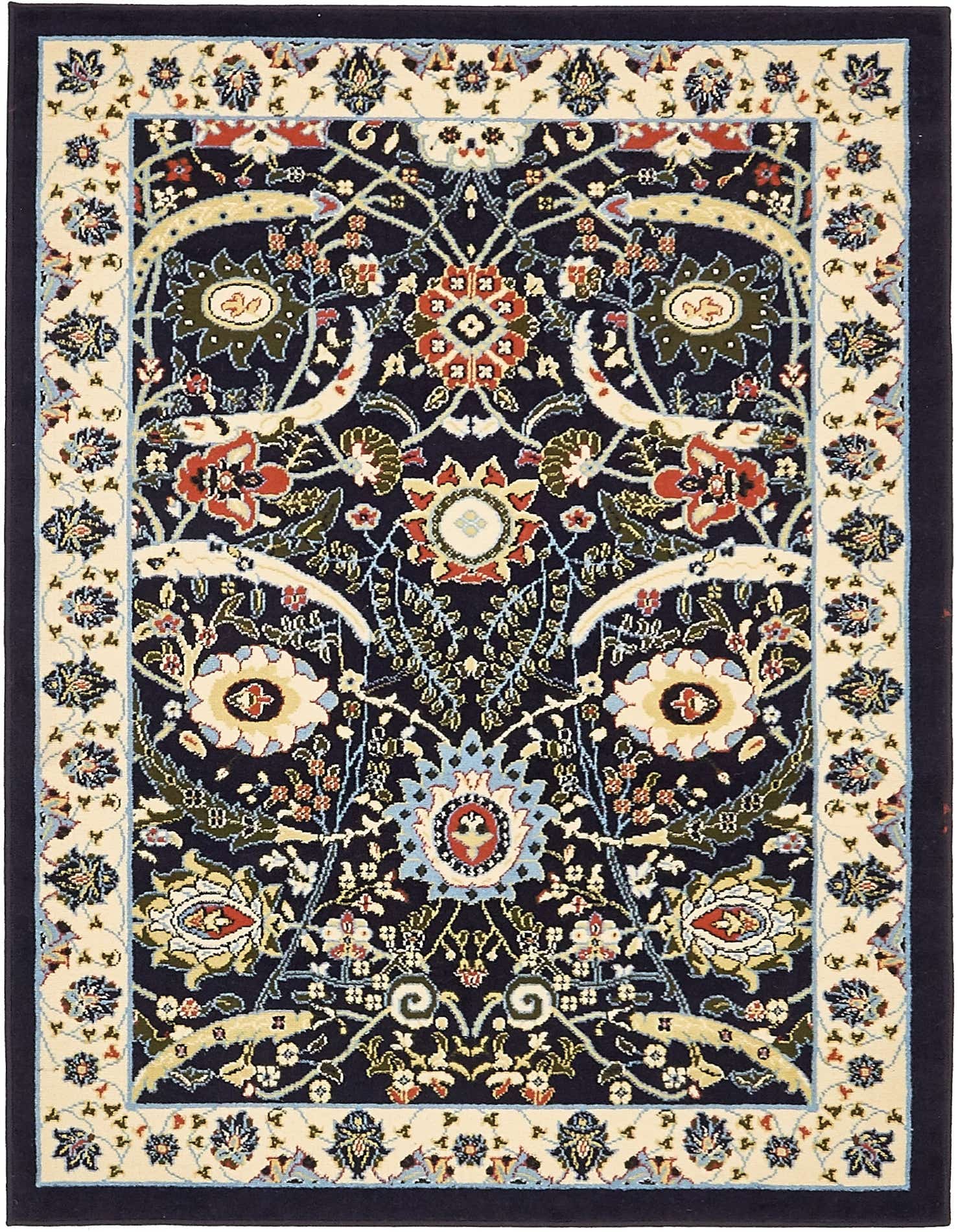 A 4x6 rectangular Neda rug featuring a traditional botanical pattern in navy blue, cream, and multicolor accents.
