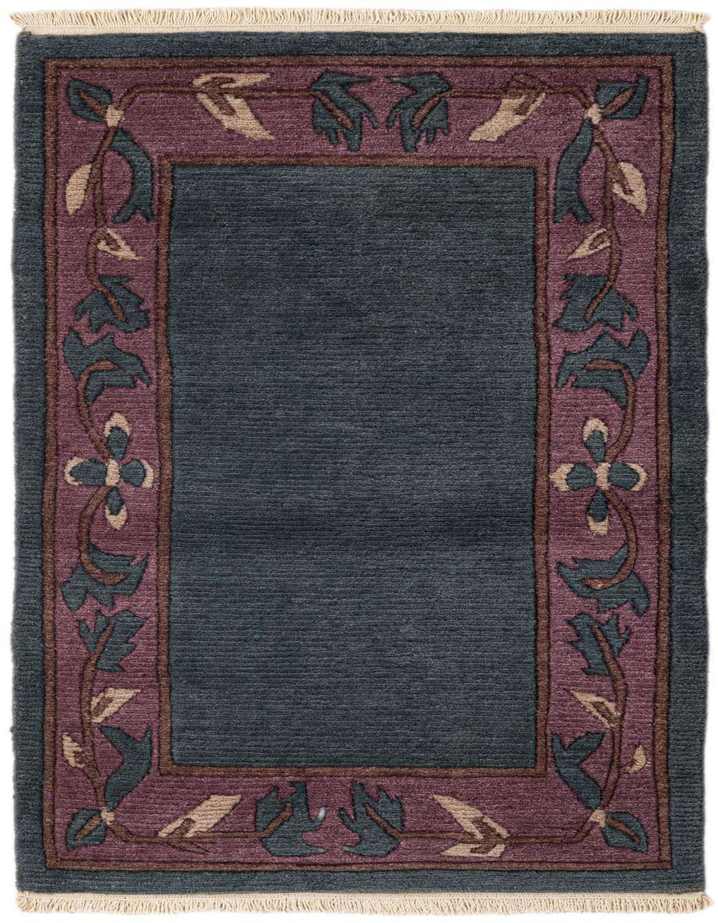 A 3x5 rectangular Rugs.com Nepal rug featuring a deep blue field with a plum and beige floral-vine border, ideal for an entryway.