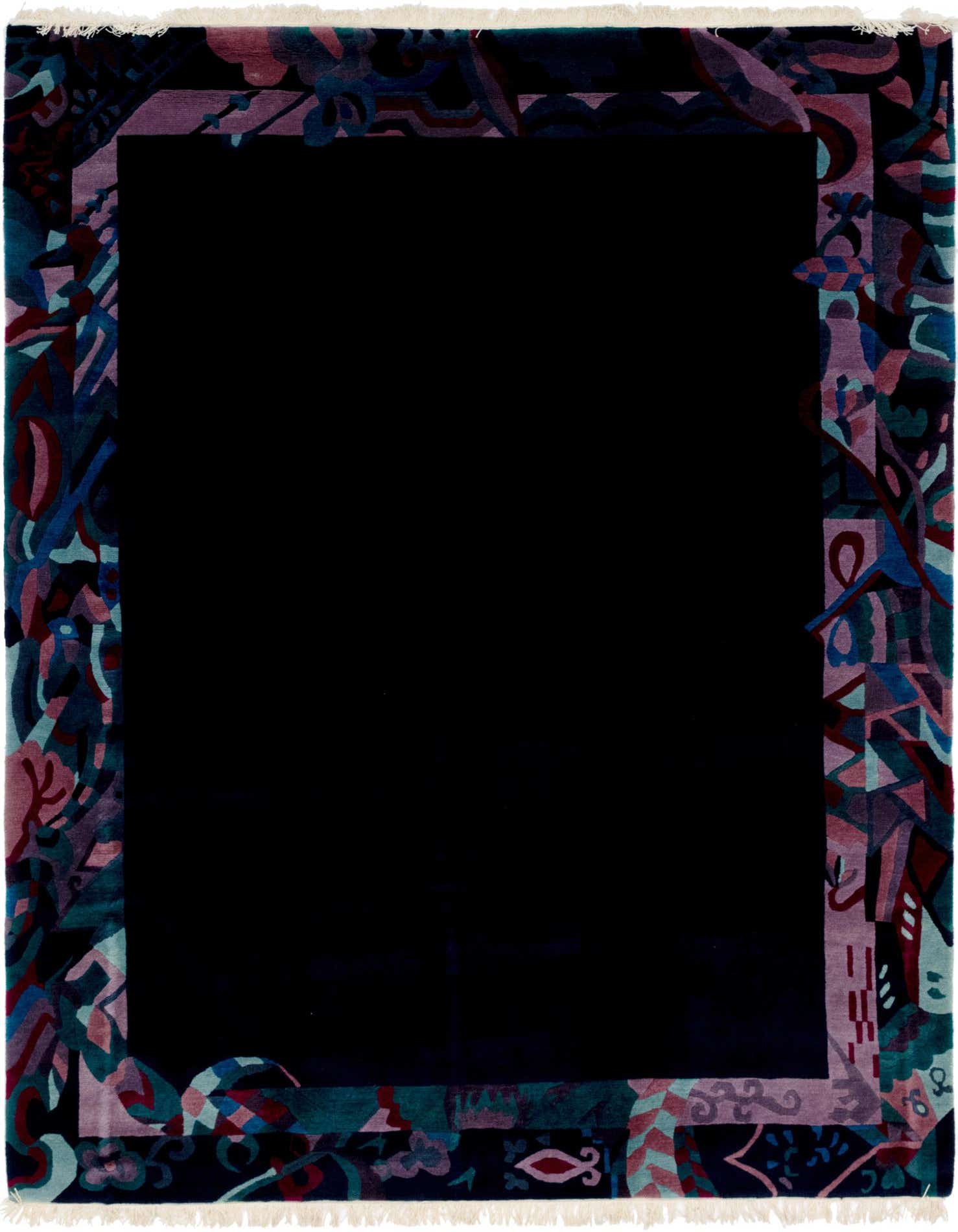 A rectangular 8x11 Rugs.com Nepal rug featuring a solid navy blue center with an abstract, multi-colored border in blues, purples, and teals.