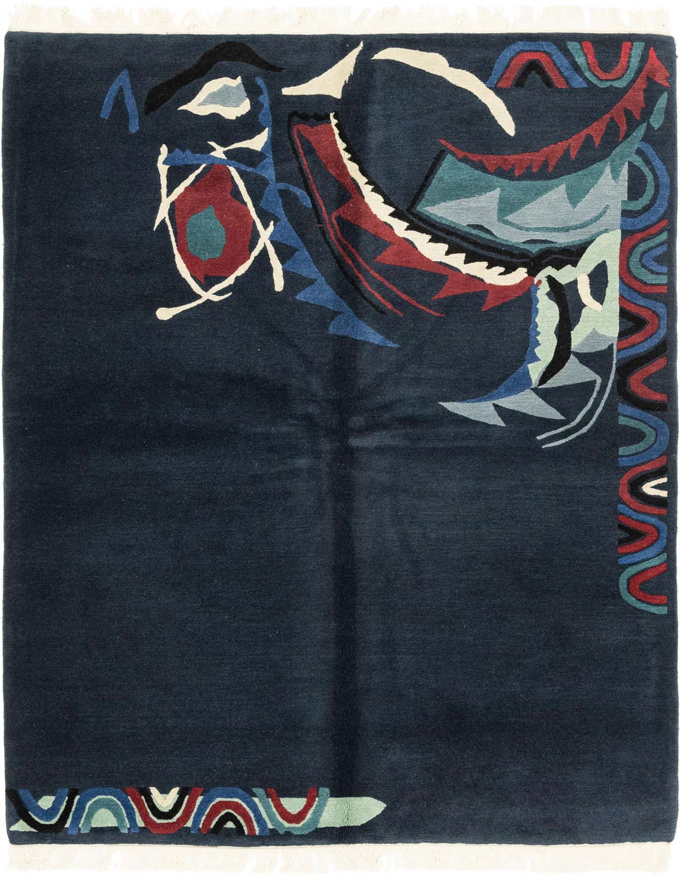 A 6x9 rectangular navy blue wool rug with a modern abstract design featuring red, light blue, and cream accents.