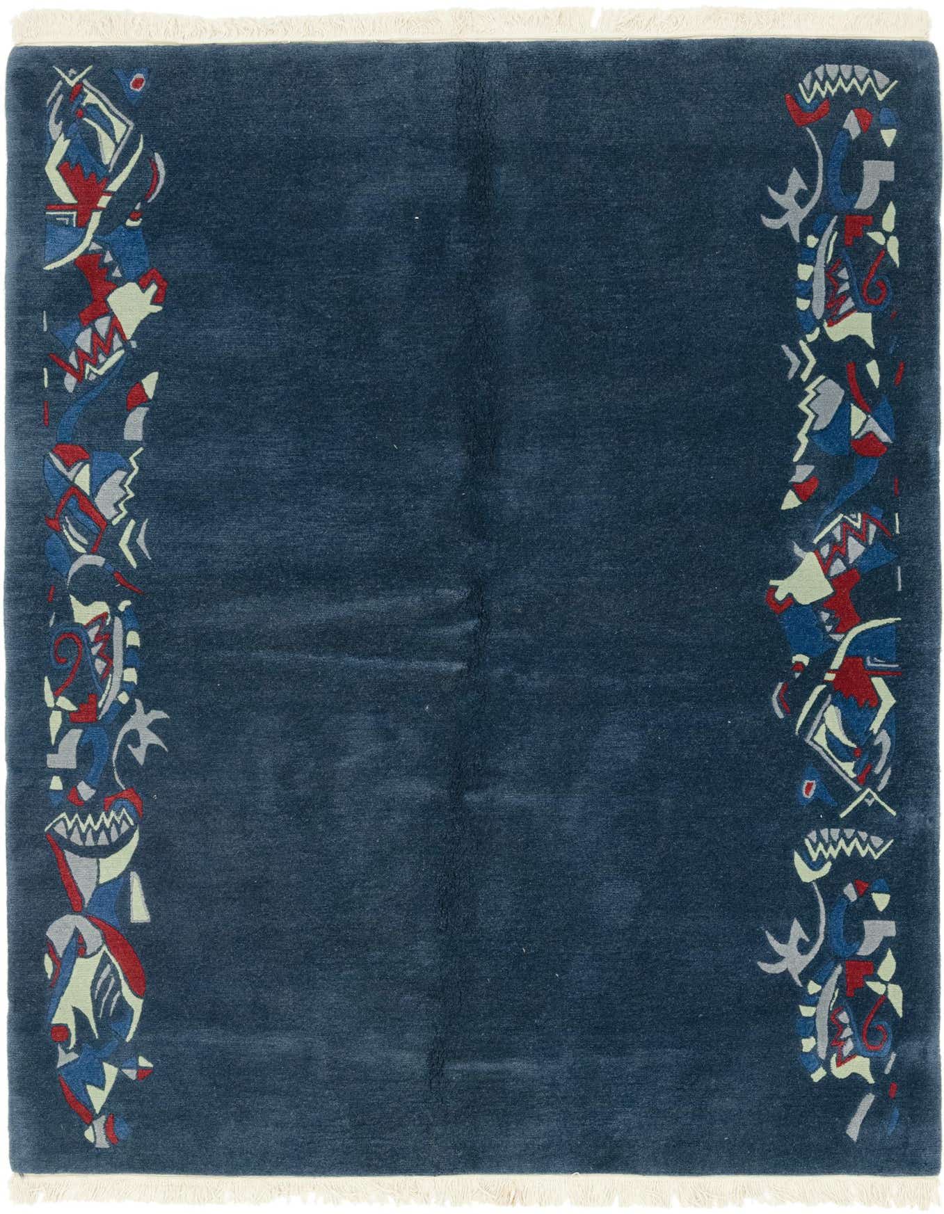 A 6x9 rectangular navy blue wool rug featuring modern abstract patterns in red, blue, and grey along its vertical borders, with white fringe.