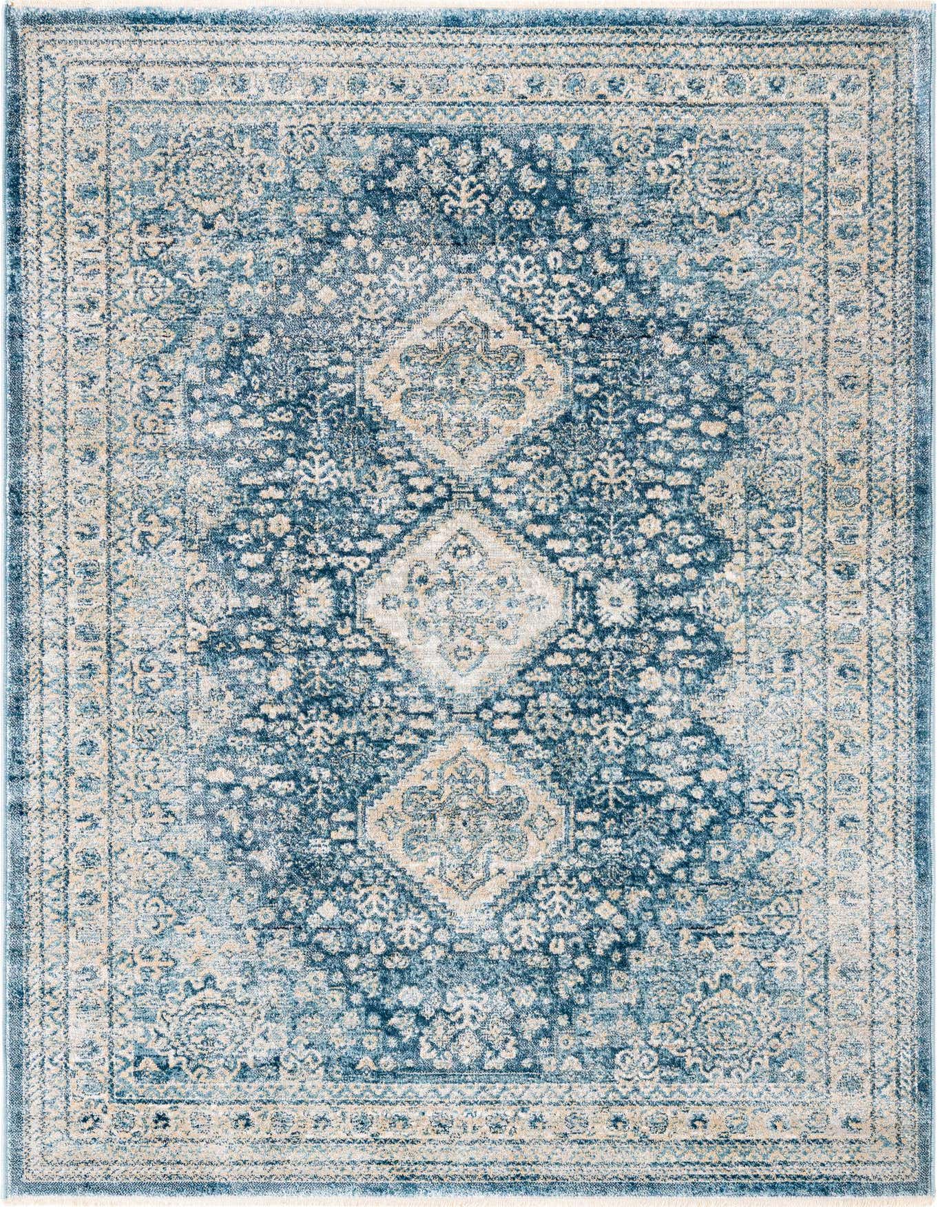 A 2x3 rectangular Newport collection rug featuring a distressed navy blue and cream traditional Oriental pattern with a central medallion.