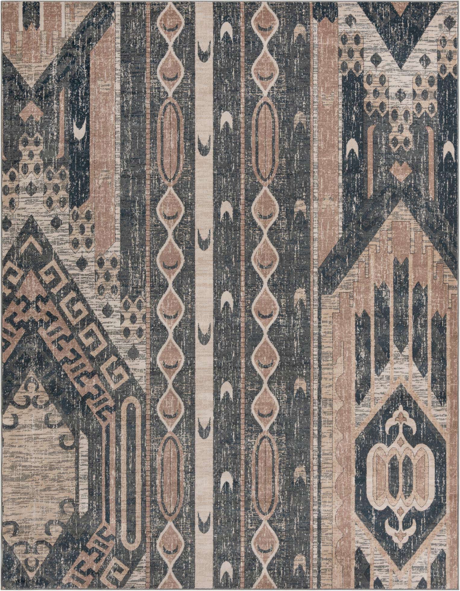 A 10x13 rectangular Oregon collection rug featuring a distressed bohemian tribal pattern in shades of navy blue, beige, and brown.