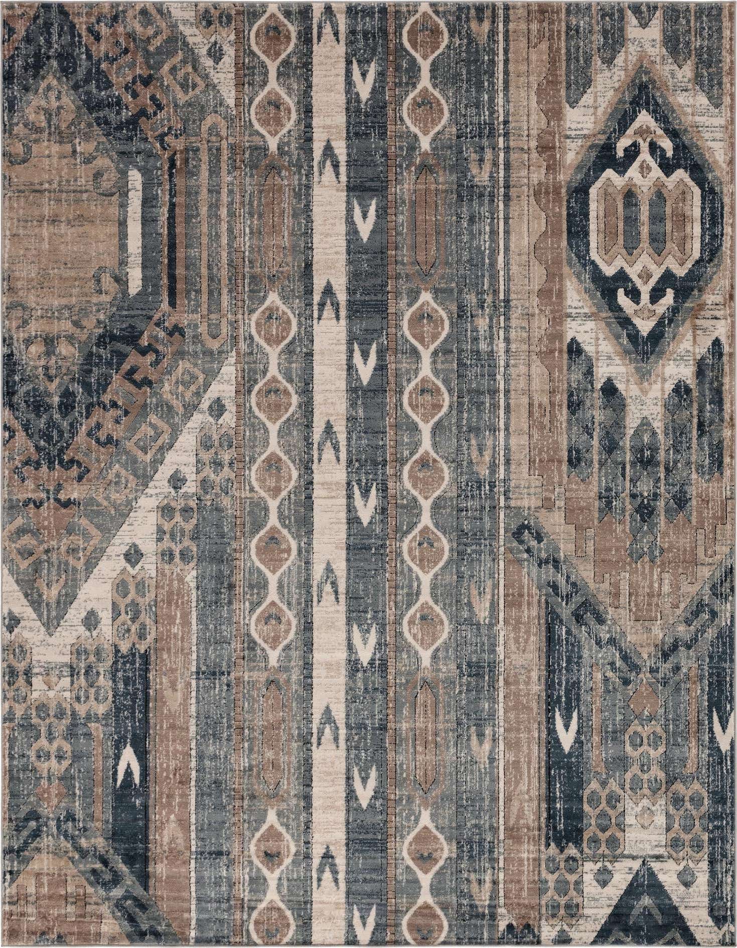 An 8x11 rectangular indoor rug featuring a textured bohemian and tribal pattern in shades of navy blue, beige, and brown.