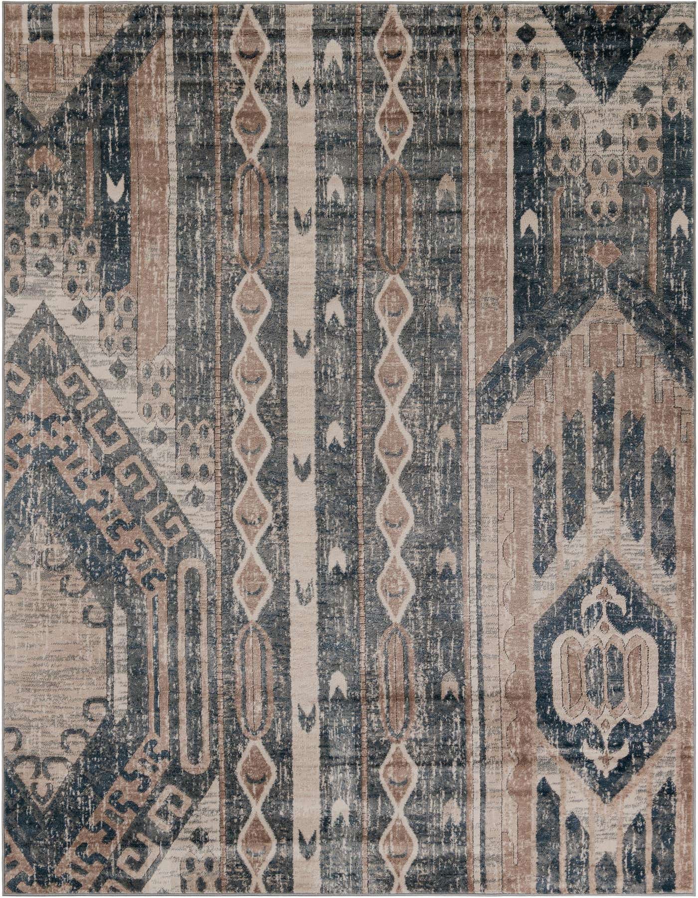 A 7x10 rectangular Oregon Collection rug featuring a distressed bohemian pattern in shades of navy blue, beige, and brown.