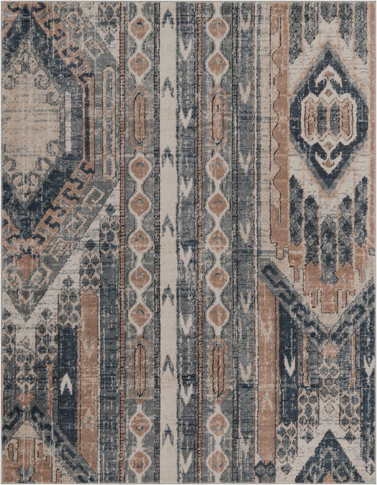 A 5x8 rectangular Oregon collection rug featuring a distressed bohemian tribal pattern in shades of blue, beige, and brown.
