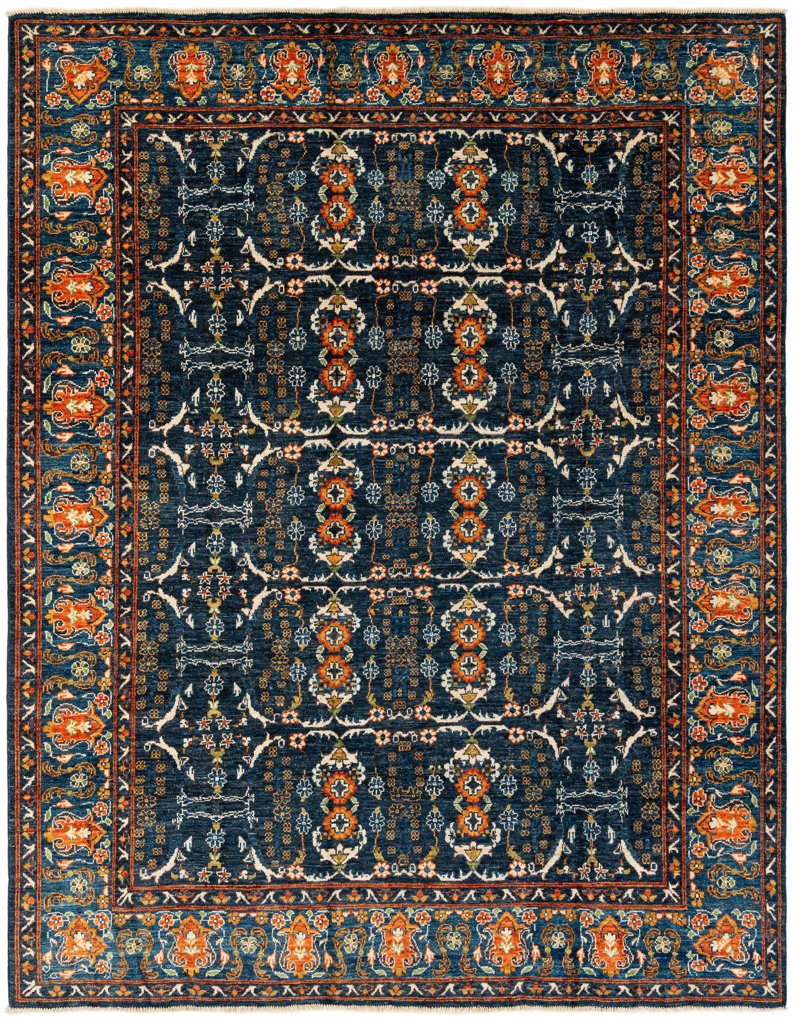 An 8x10 rectangular navy blue Oushak rug with a modern floral pattern and an ornate border.