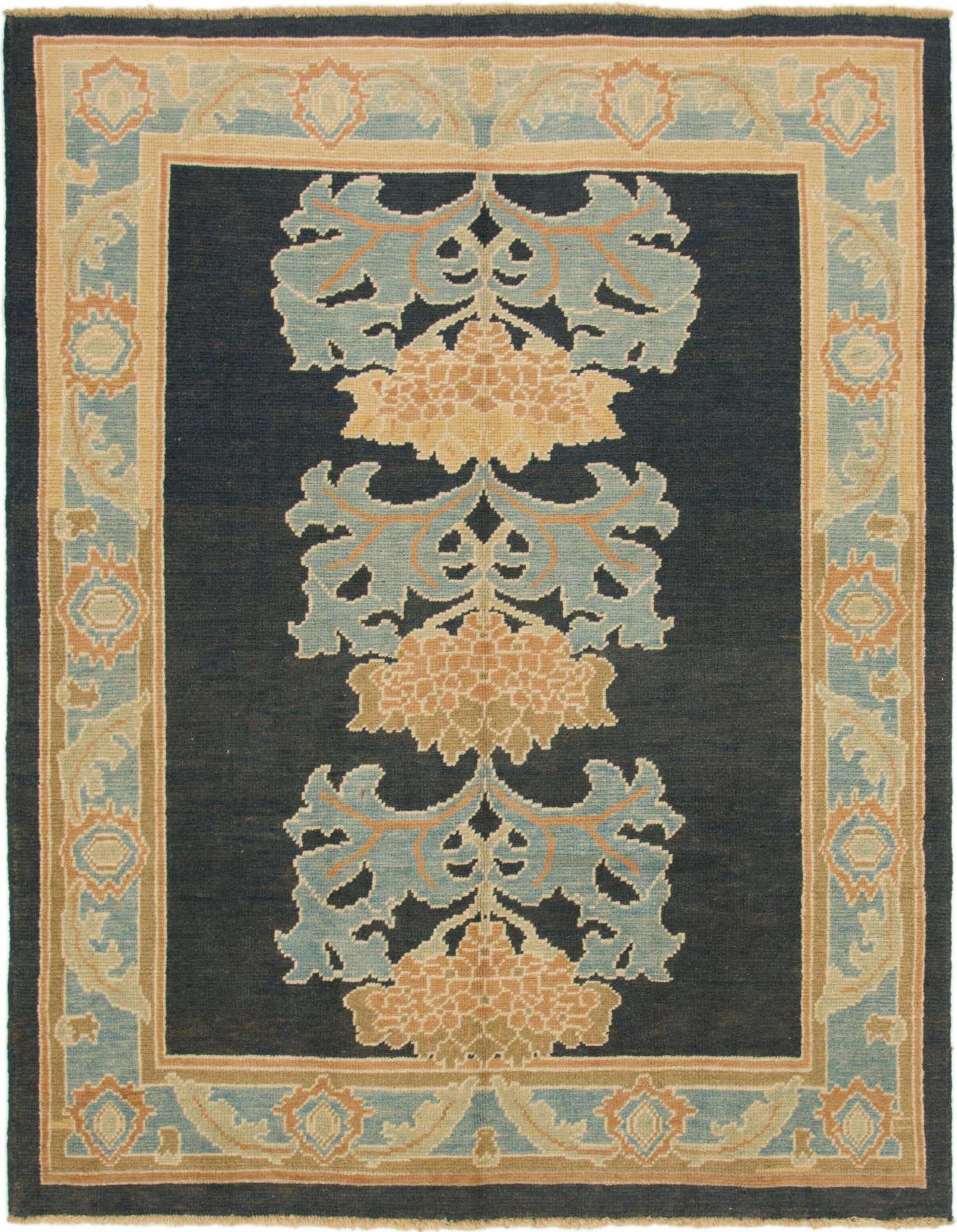 A 6x9 rectangular Oushak wool rug featuring a navy blue field with light blue and peach botanical motifs, framed by a tribal border.