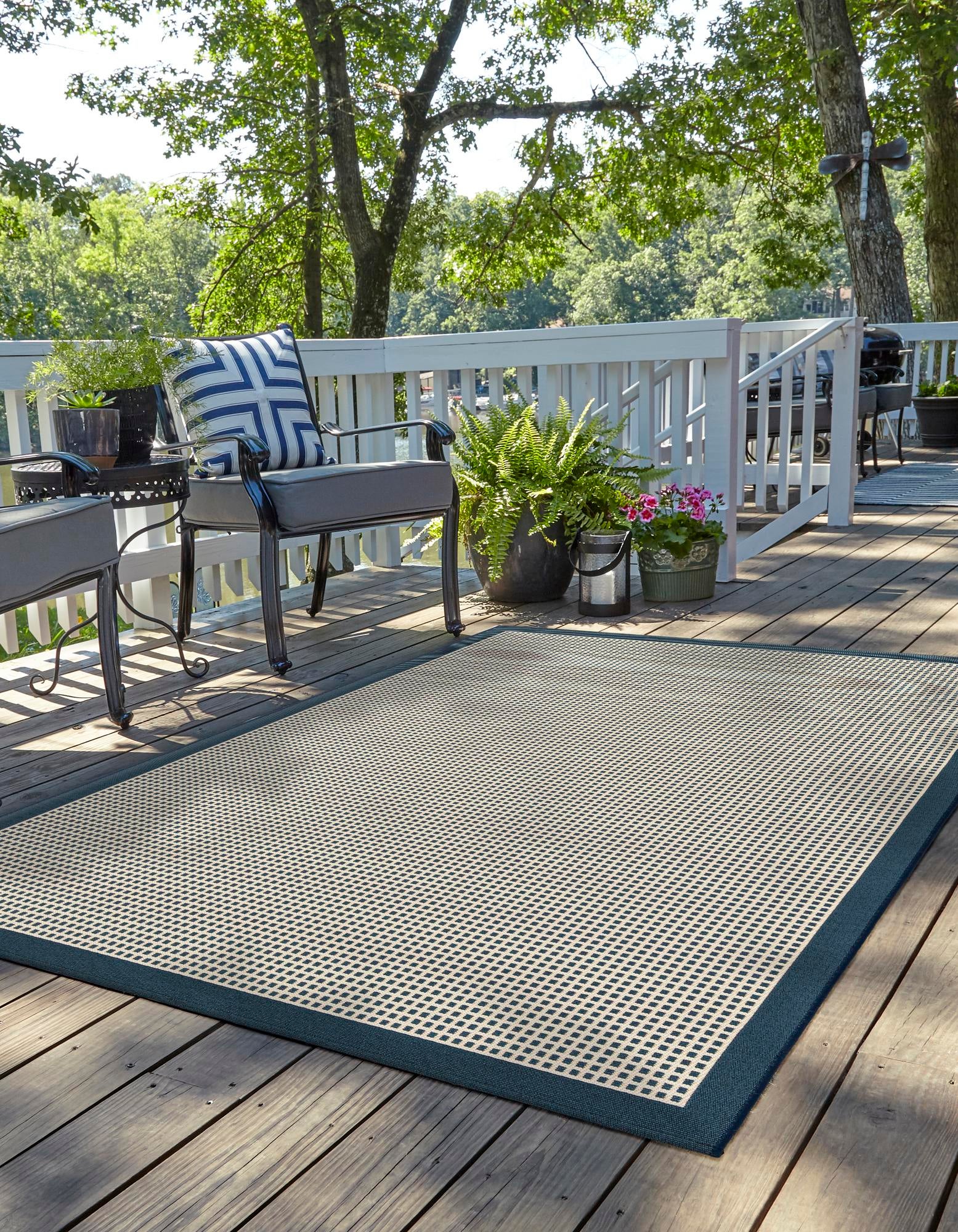 Navy Blue 9' x 12' Border Indoor / Outdoor Rug | Rugs.com