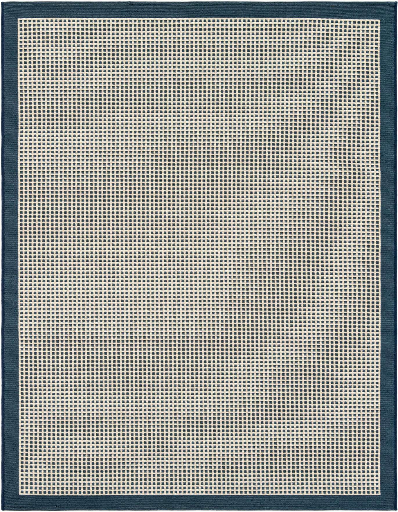 A 5x8 rectangular navy blue and cream modern flatweave rug with a grid pattern and solid border.