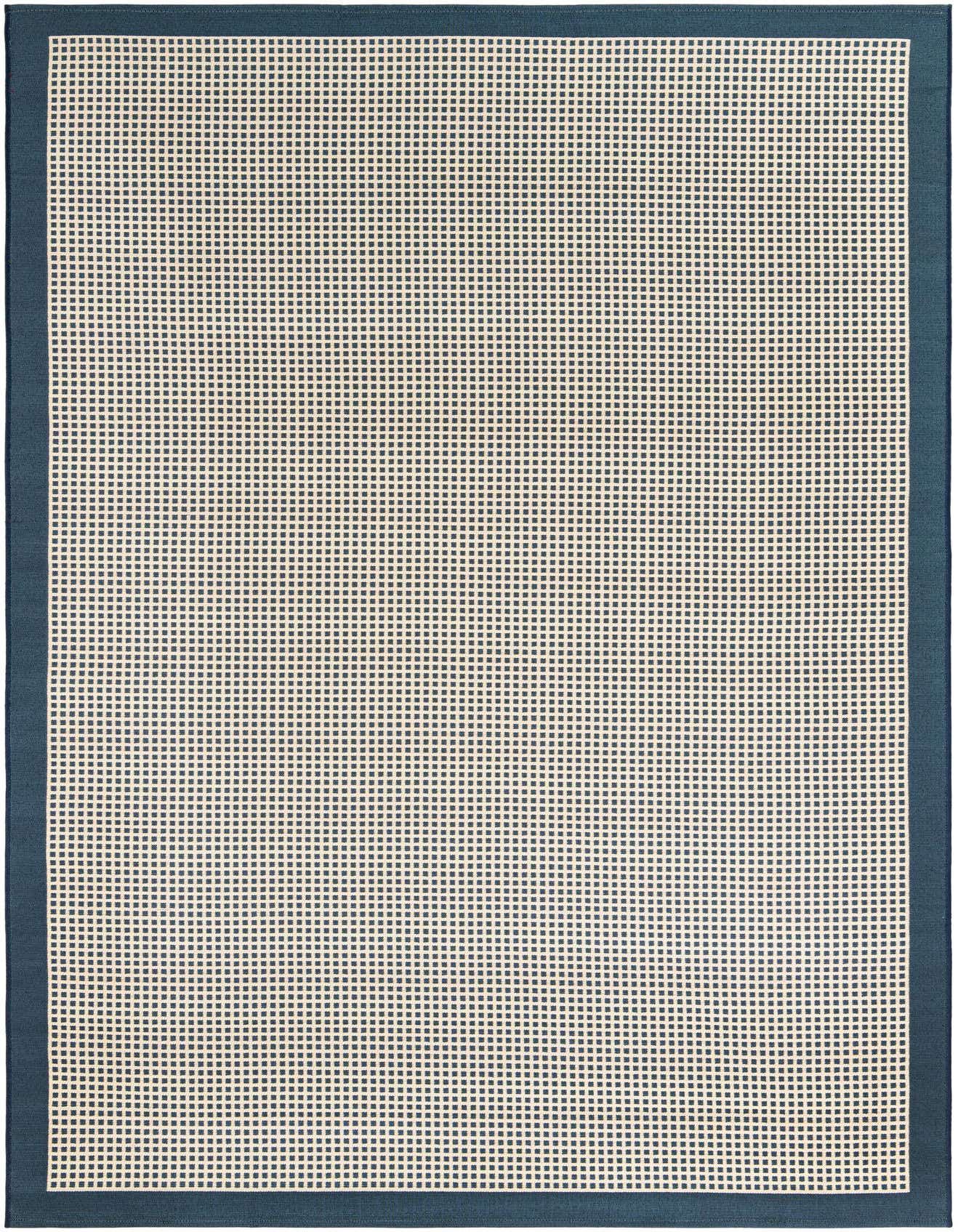 A 6x9 rectangular navy blue and off-white modern flatweave rug with a grid pattern and solid border, suitable for indoor/outdoor use.
